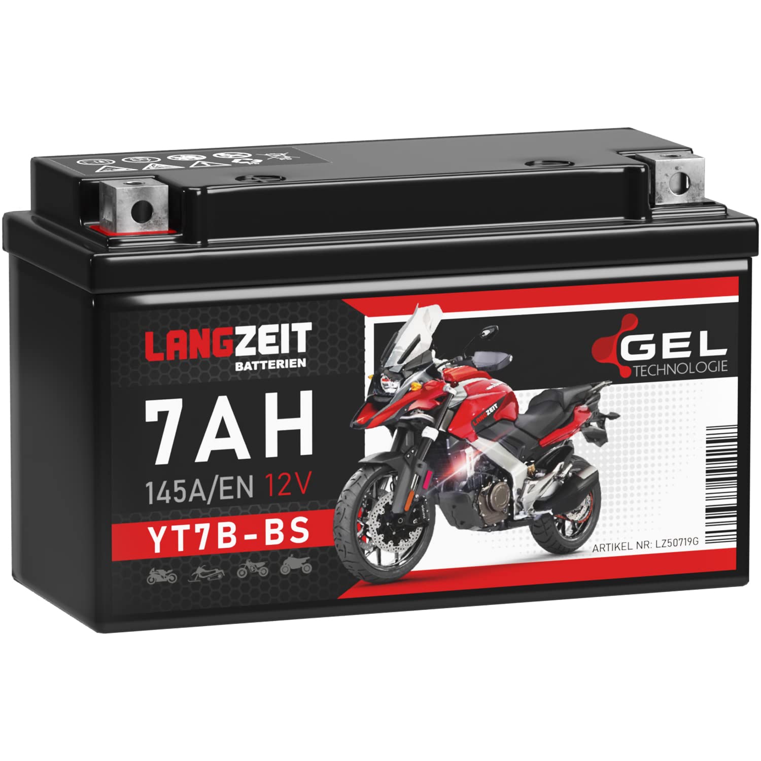 LANGZEIT YT7B-BS Motorradbatterie GEL 12V 7Ah 145A/EN 50719 YT7B-4 GT7B-4 CT7B4 FT7B4 EB7B-BS 507 901 012 Batterie 12V doppelte Lebensdauer vorgeladen auslaufsicher wartungsfrei von LANGZEIT Batterien