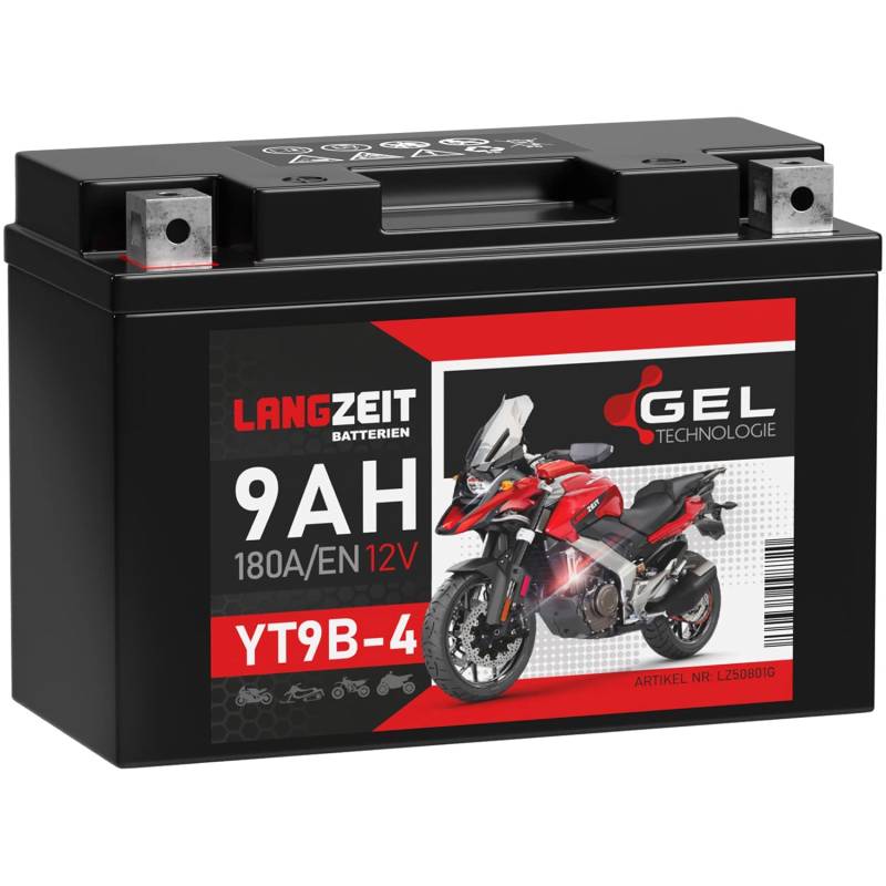 LANGZEIT YT9B-4 GEL Motorradbatterie 12V 9Ah 180A/EN YT9B-BS 50801 50815 GT9B-4 Gel Batterie 12V doppelte Lebensdauer auslaufsicher wartungsfrei statt 8Ah von LANGZEIT Batterien