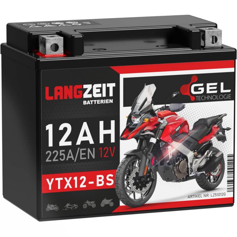 LANGZEIT YTX12-BS Motorradbatterie 12V 12Ah 225A/EN Gel Batterie 12V doppelte Lebensdauer entspricht CTX12-BS 51012 GTX12-BS Quad vorgeladen auslaufsicher wartungsfrei von LANGZEIT Batterien