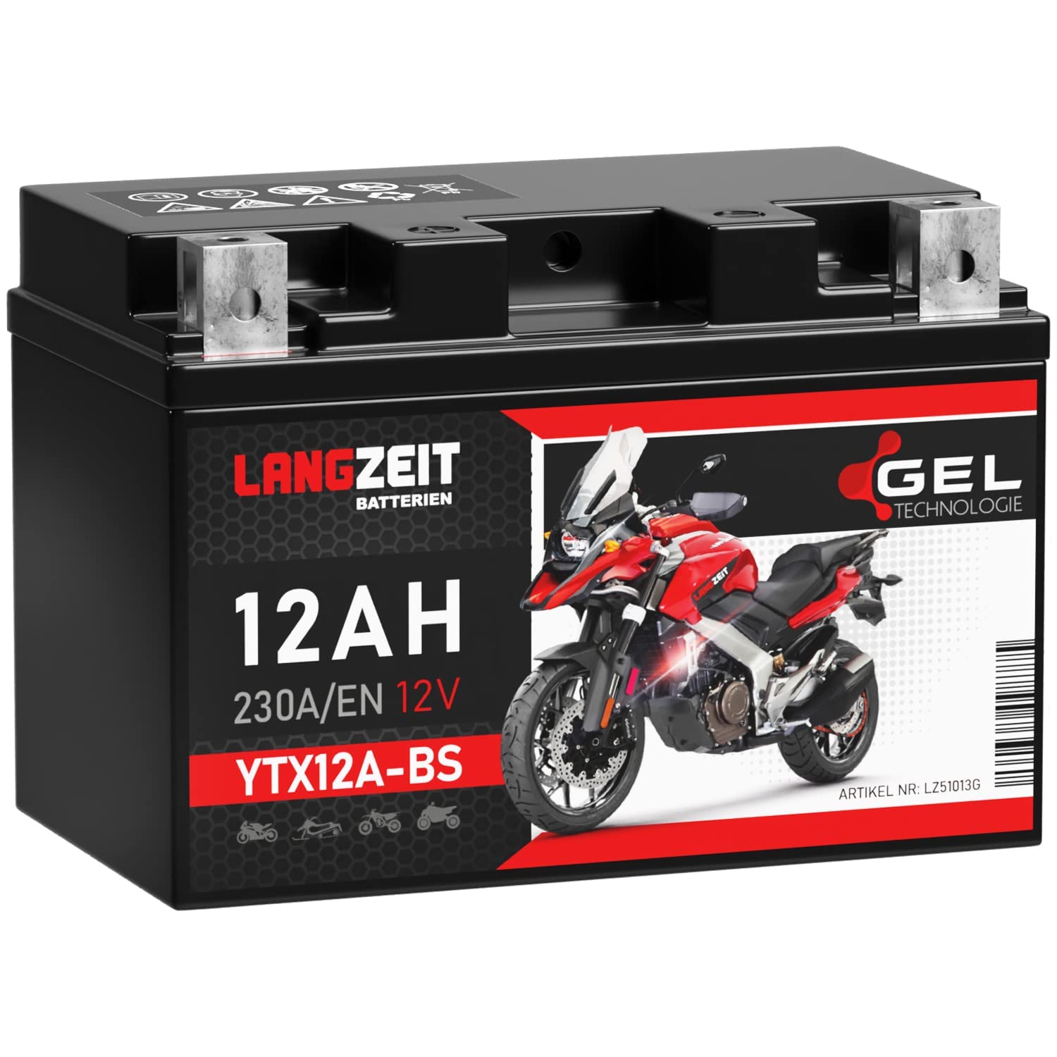 LANGZEIT YTX12A-BS GEL Motorradbatterie 12V 12Ah 230A/EN 51013 YTZ12S GT12A-BS CTX12A-BS Gel Batterie 12V doppelte Lebensdauer vorgeladen auslaufsicher wartungsfrei ersetzt 10Ah von LANGZEIT Batterien