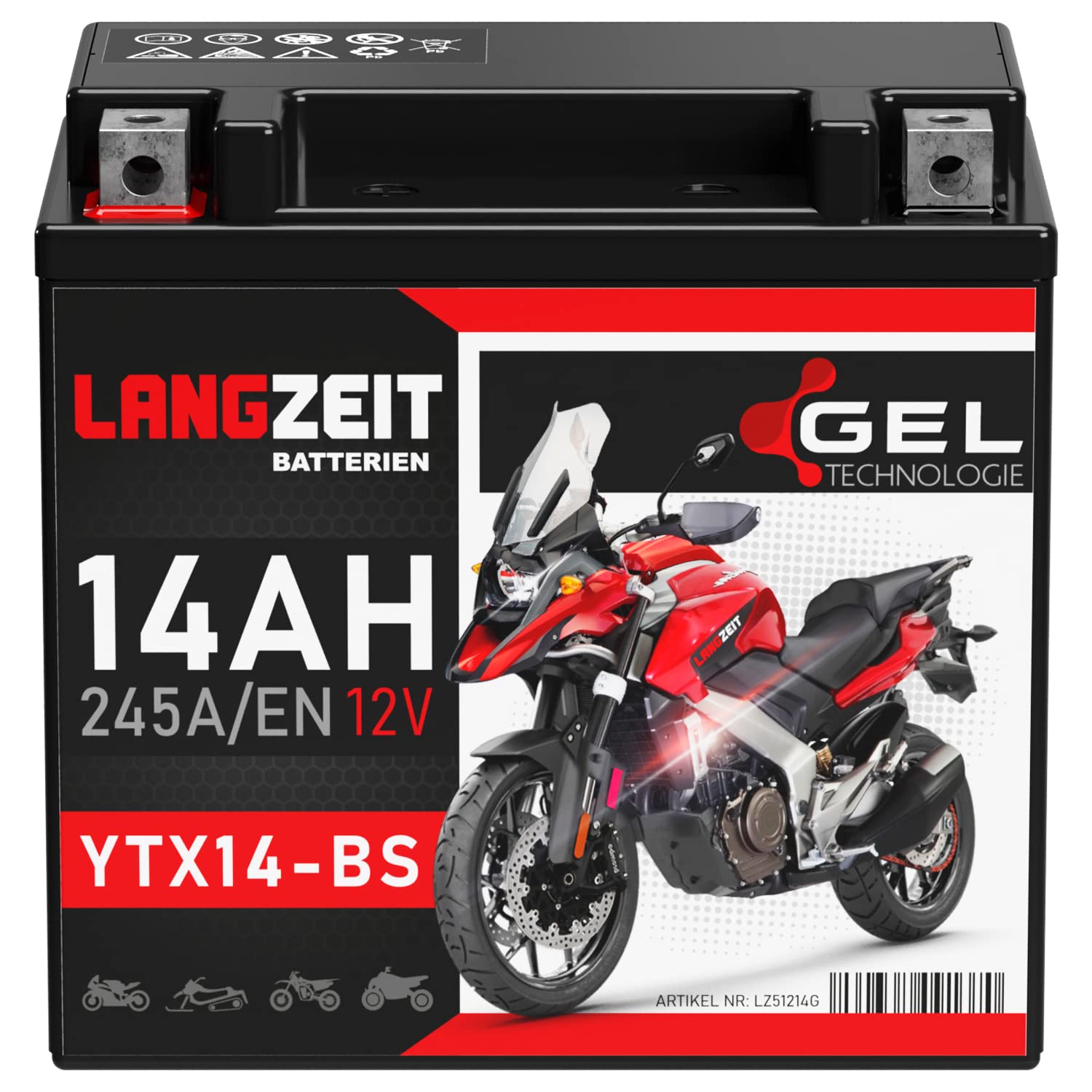LANGZEIT YTX14-BS Motorradbatterie 12V 14Ah 245A/EN Gel Batterie 12V doppelte Lebensdauer entspricht 51214 YTX14-4 CTX14-BS GTX14-BS vorgeladen auslaufsicher wartungsfrei von LANGZEIT Batterien