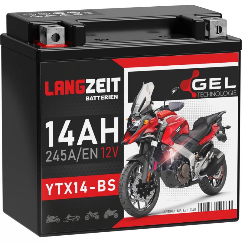 LANGZEIT YTX14-BS Motorradbatterie 12V 14Ah 245A/EN Gel Batterie 12V doppelte Lebensdauer entspricht 51214 YTX14-4 CTX14-BS GTX14-BS vorgeladen auslaufsicher wartungsfrei von LANGZEIT Batterien