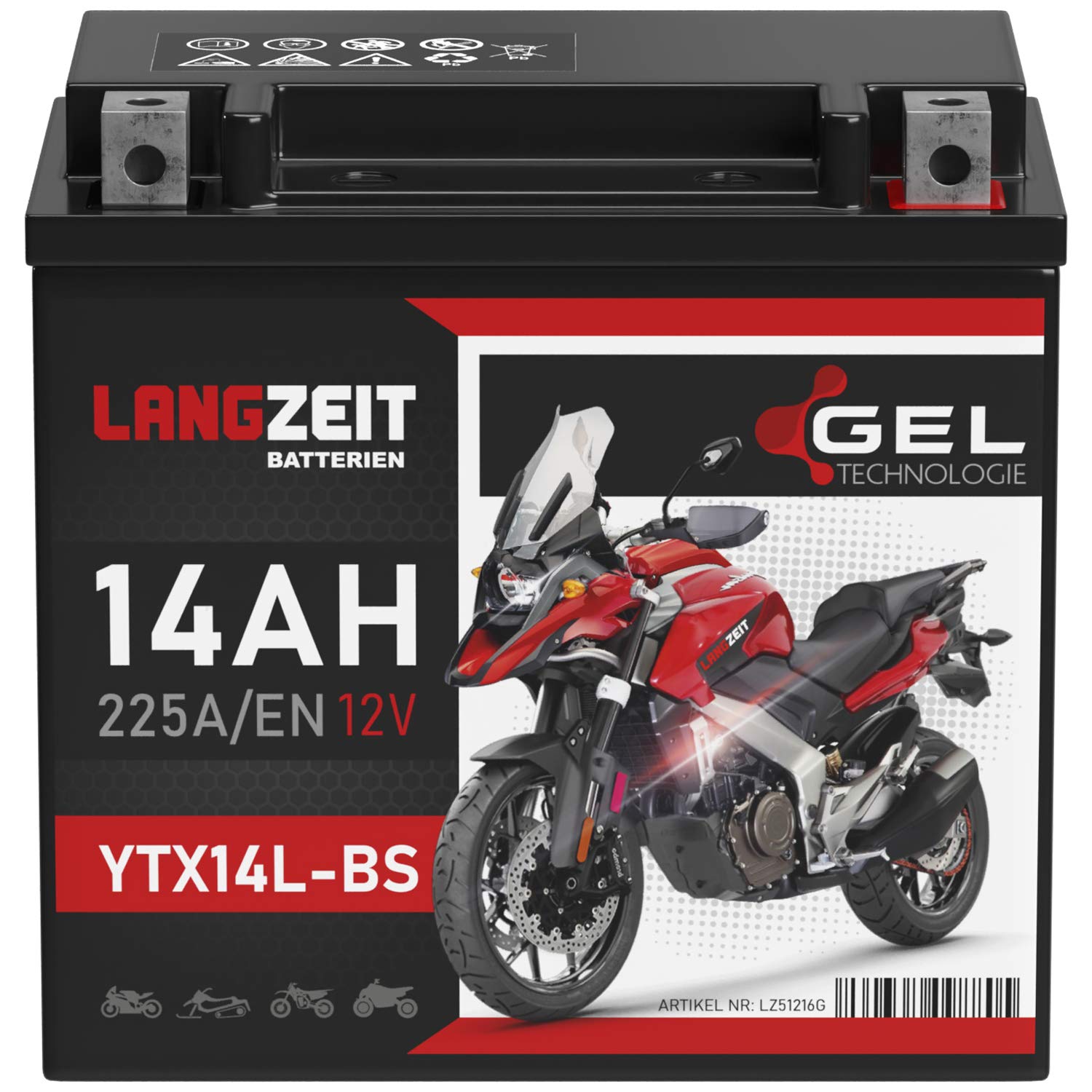 LANGZEIT YTX14L-BS Motorradbatterie 12V 14Ah 225A/EN HVT-03 GEL Batterie 12V 51216 HVT-3 doppelte Lebensdauer vorgeladen auslaufsicher wartungsfrei von LANGZEIT Batterien