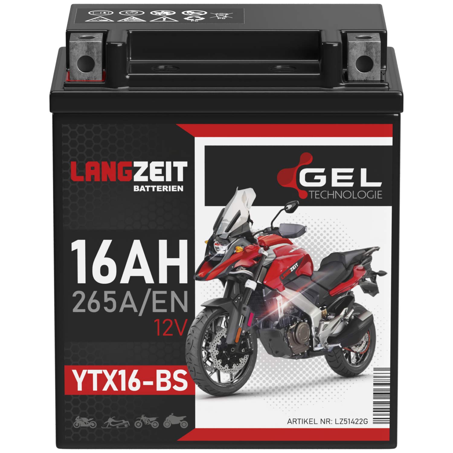 LANGZEIT YTX16-BS GEL Motorradbatterie 12V 16Ah 265A/EN Gel Batterie 12V 51422 YTX16-4 YTX16BS ETX16-BS auslaufsicher wartungsfrei ersetzt 14Ah von LANGZEIT Batterien