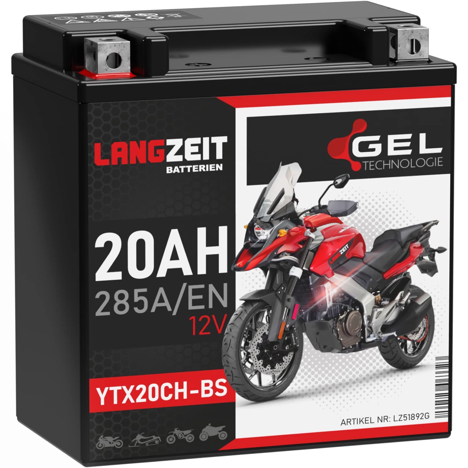 LANGZEIT YTX20CH-BS GEL Motorradbatterie 12V 20Ah 285A/EN GEL Batterie 12V 51892 doppelte Lebensdauer vorgeladen auslaufsicher wartungsfrei von LANGZEIT Batterien