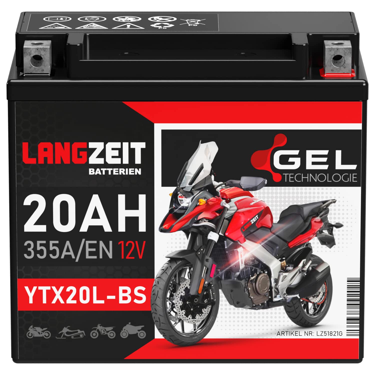 LANGZEIT YTX20L-BS GEL Motorradbatterie 12V 20Ah 355A/EN GEL Batterie 12V 51821 GTX20L-BS CTX20L-BS doppelte Lebensdauer vorgeladen auslaufsicher wartungsfrei von LANGZEIT Batterien