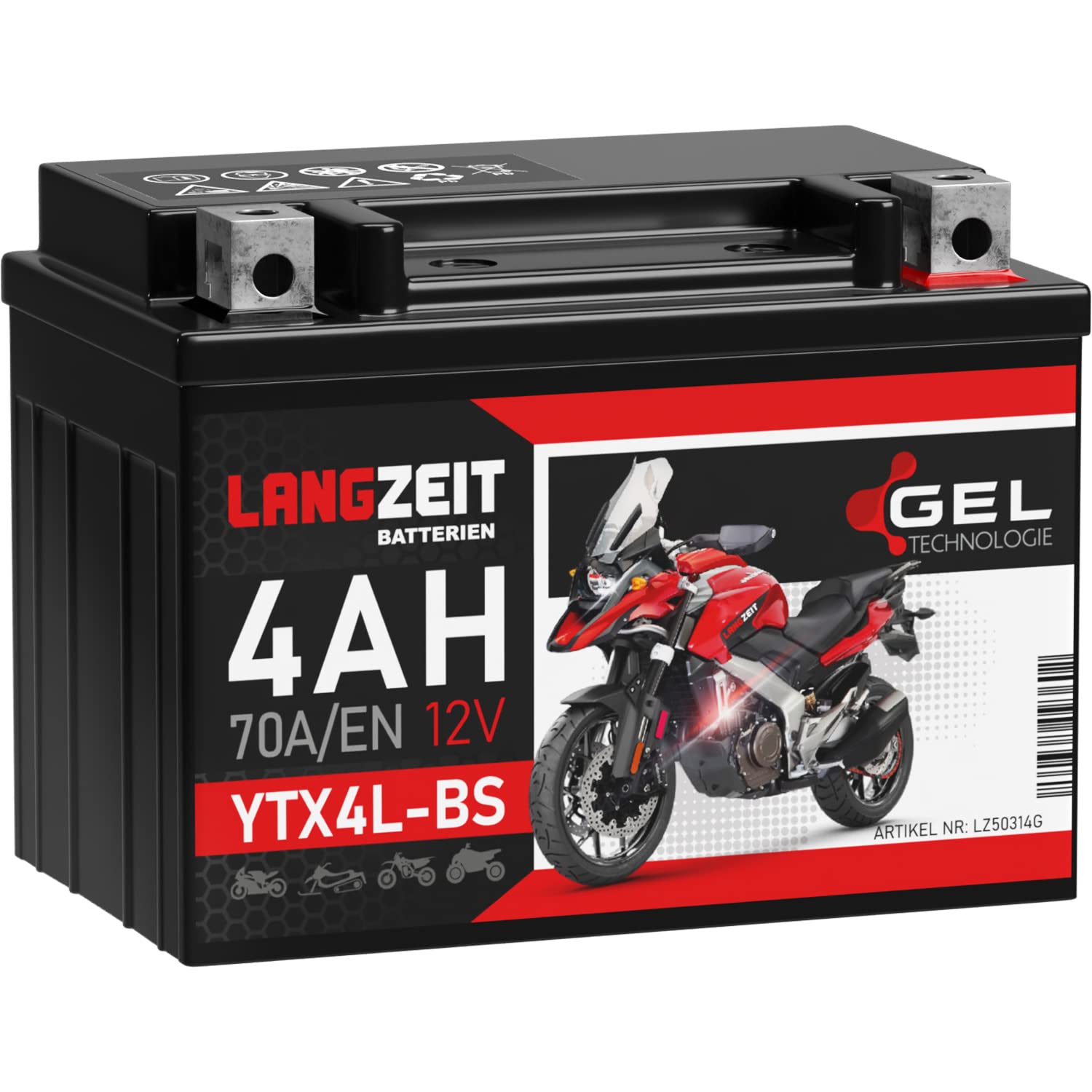 LANGZEIT YTX4L-BS GEL Roller Batterie 12V 4Ah 70A/EN GEL Batterie 12V Motorradbatterie doppelte Lebensdauer entspricht 50314 CTX4L-BS vorgeladen auslaufsicher wartungsfrei von LANGZEIT Batterien
