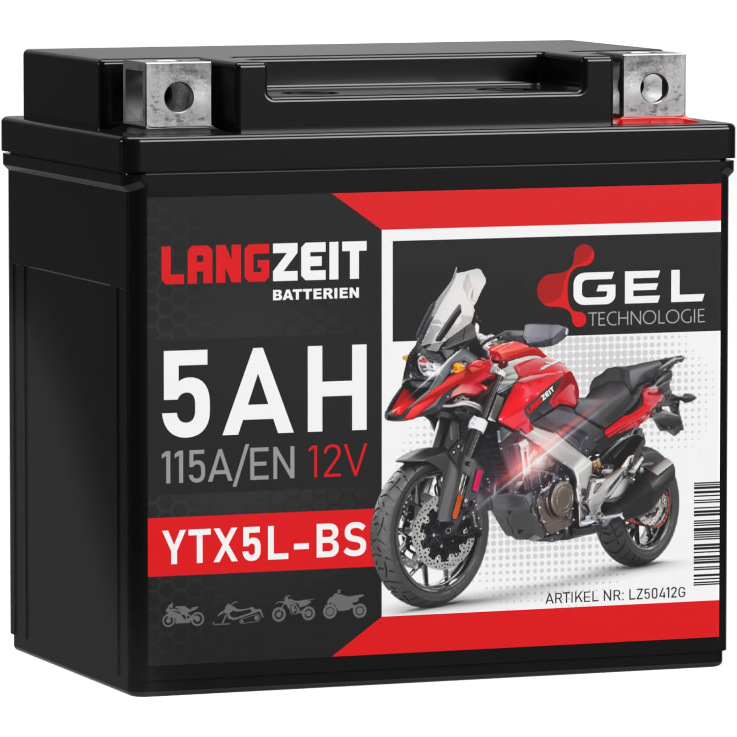 LANGZEIT YTX5L-BS GEL Roller Batterie 12V 5Ah 115A/EN GEL Batterie 12V Motorradbatterie doppelte Lebensdauer entspricht YTX5L-4 50412 CTX4L-4 YT5L-BS ersetzt 4Ah vorgeladen auslaufsicher wartungsfrei von LANGZEIT Batterien