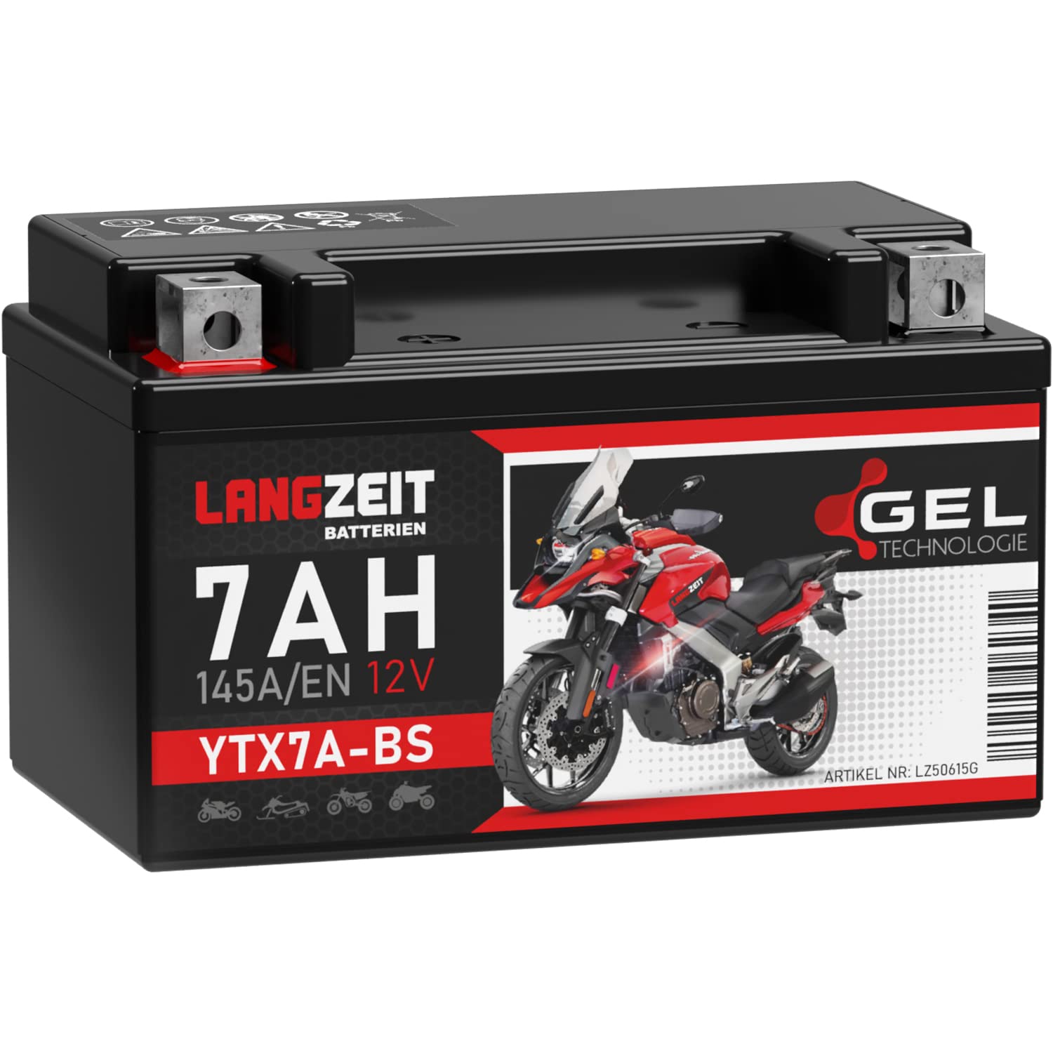 LANGZEIT YTX7A-BS Motorradbatterie 12V 7Ah 145A/EN Gel Batterie 12V Roller Batterie doppelte Lebensdauer entspricht 50615 CTX7A-BS JMTX7A-BS vorgeladen auslaufsicher wartungsfrei ersetzt 6Ah von LANGZEIT Batterien