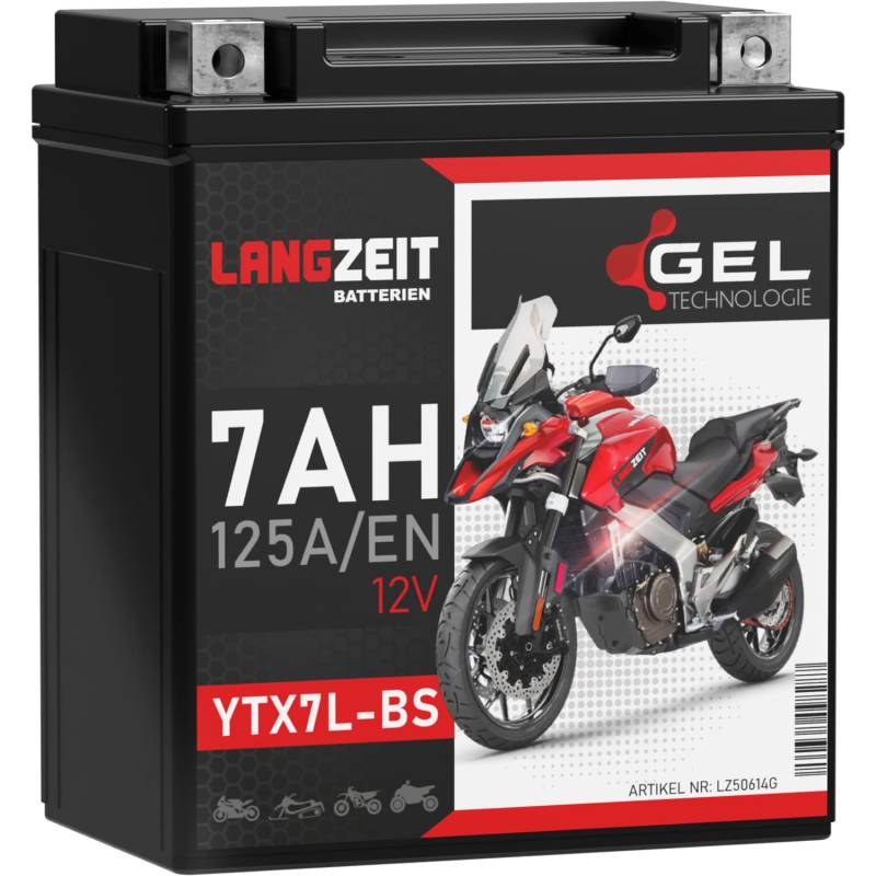 LANGZEIT YTX7L-BS Motorradbatterie 12V 7Ah 125A/EN Gel Batterie 12V Roller Batterie doppelte Lebensdauer entspricht 50614 CTX7L-BS vorgeladen auslaufsicher wartungsfrei ersetzt 6Ah von LANGZEIT Batterien