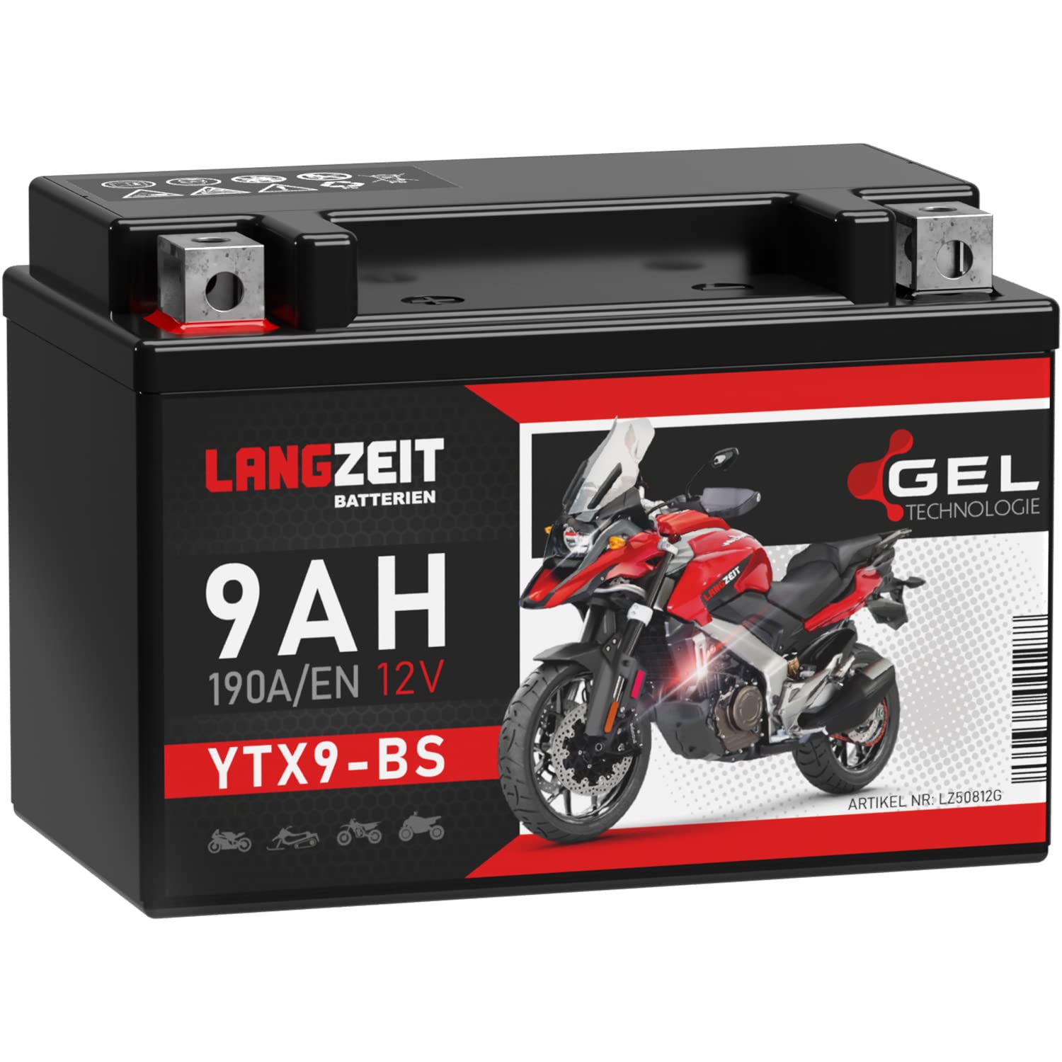 LANGZEIT YTX9-BS Motorradbatterie 12V 9Ah 190A/EN Gel Batterie 12V doppelte Lebensdauer entspricht 50812 CTX9-BS ETX9-BS GTX9-BS vorgeladen auslaufsicher wartungsfrei ersetzt 8Ah von LANGZEIT Batterien