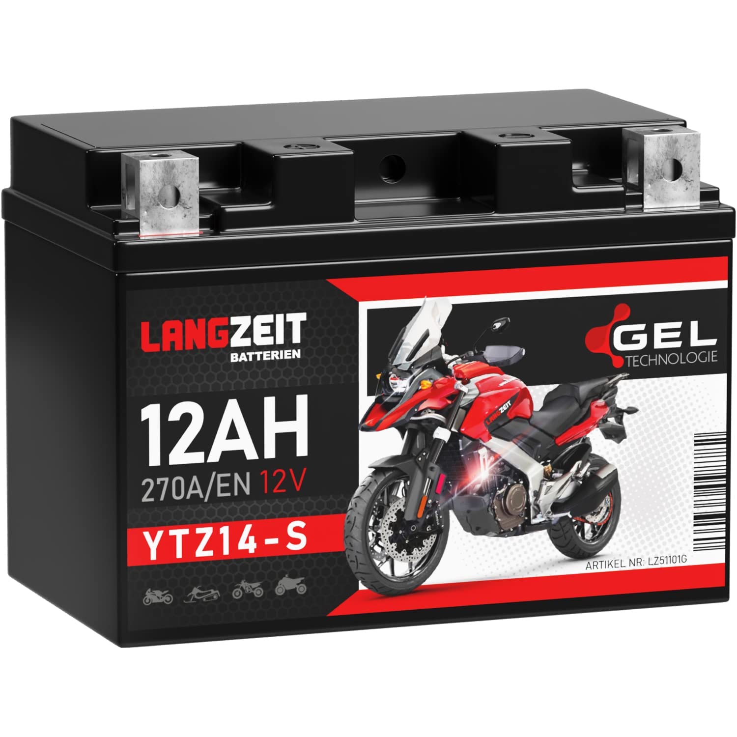 LANGZEIT YTZ14-S Motorradbatterie GEL 12V 12Ah 270A/EN YTZ14-4 GTZ14-4 GEL Batterie 12V doppelte Lebensdauer vorgeladen auslaufsicher wartungsfrei von LANGZEIT Batterien