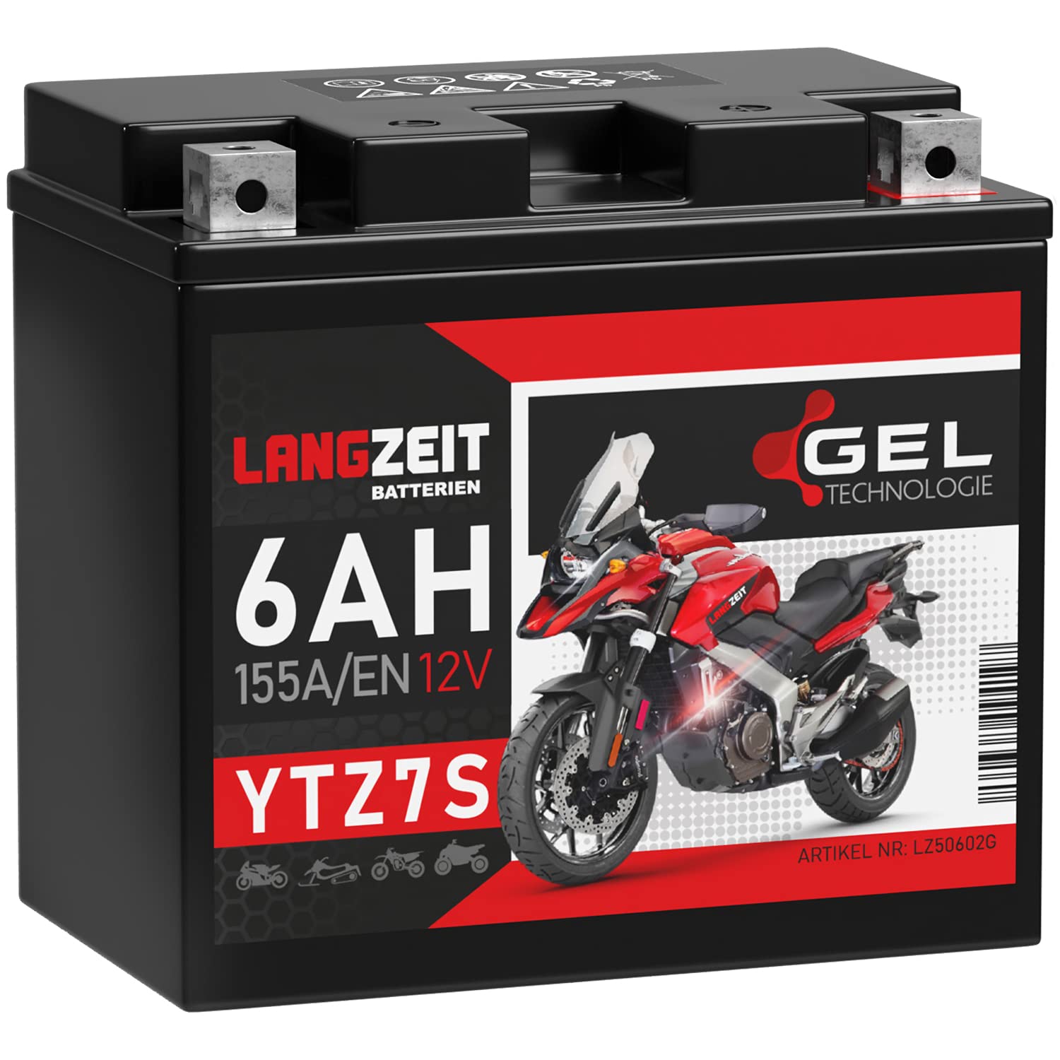 LANGZEIT YTZ7S GEL Motorradbatterie 12V 6Ah 155A/EN TTZ7S-BS YTZ7-S GEL12-7Z-S 50602 Gel Batterie 12V doppelte Lebensdauer auslaufsicher wartungsfrei von LANGZEIT Batterien