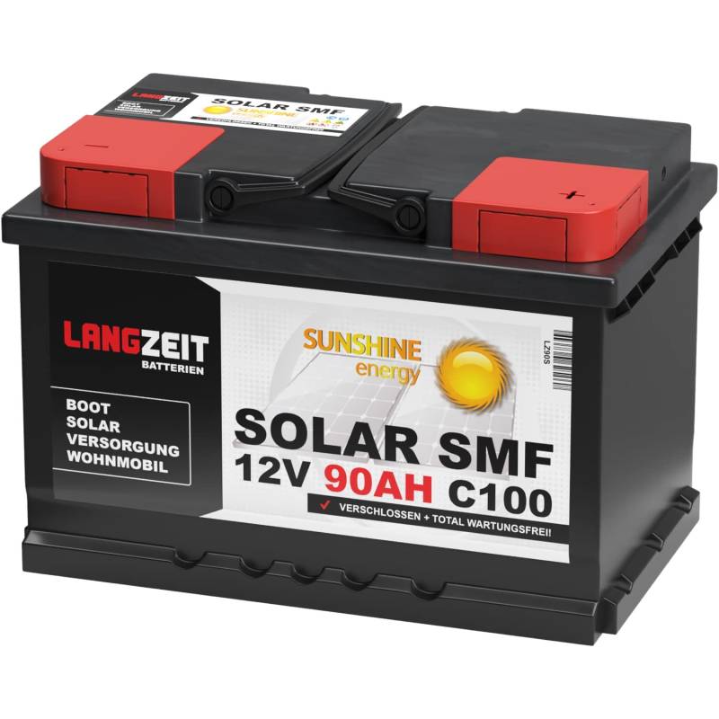 Langzeit Solar SMF Solarbatterie 90Ah 12V Versorgungsbatterie Wohnmobil Batterie Boot total wartungsfrei 70Ah 80Ah von LANGZEIT Batterien