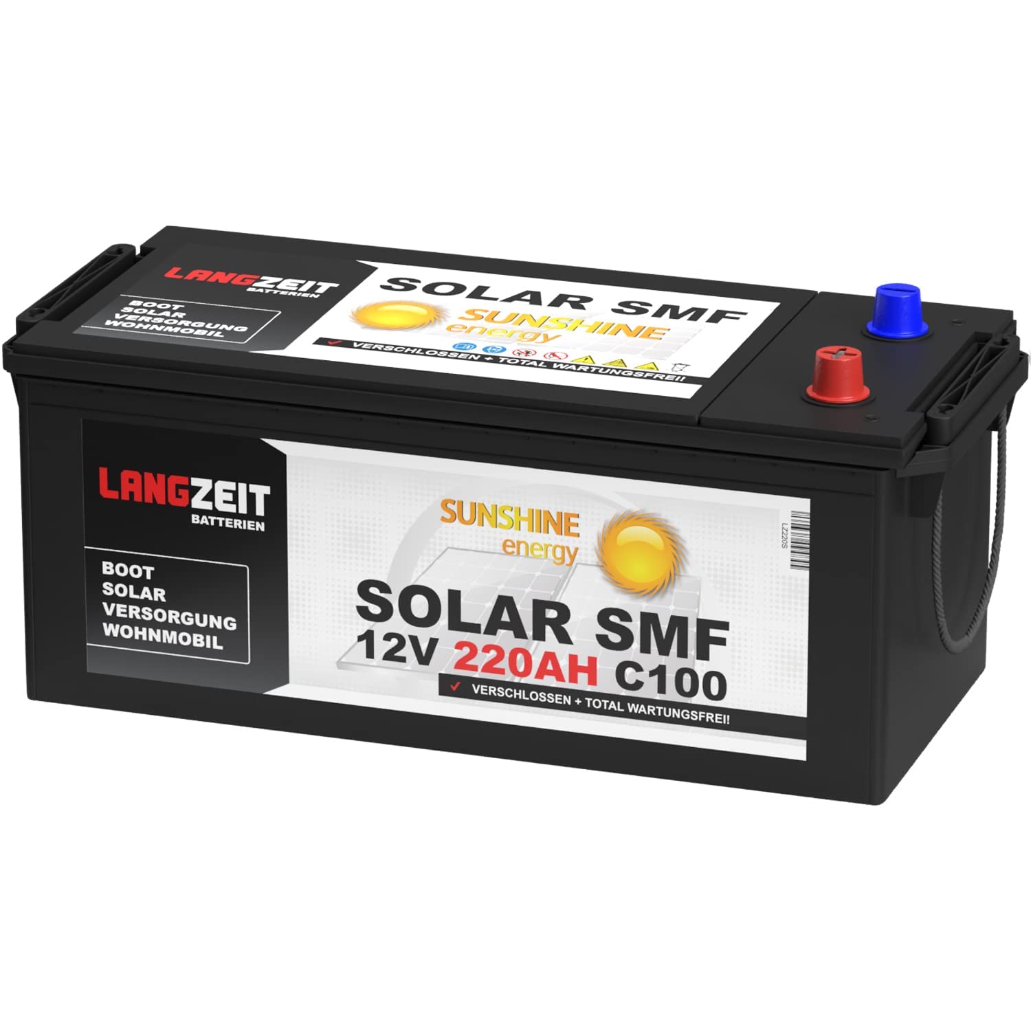 Solarbatterie 220Ah 12V Versorgungsbatterie Wohnmobil Batterie Boot Solar SMF Akku total wartungsfrei 180Ah von LANGZEIT Batterien