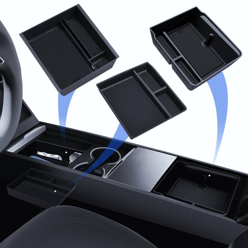 LANTU 3 Pcs Zubehör für Tesla Model 3 2024-2025 Mittelkonsole Organizer, Silikon Organizer Tray und Armlehne Aufbewahrungsbox mit Anti-Rutsch Matte Tesla Highland Zubehör von LANTU