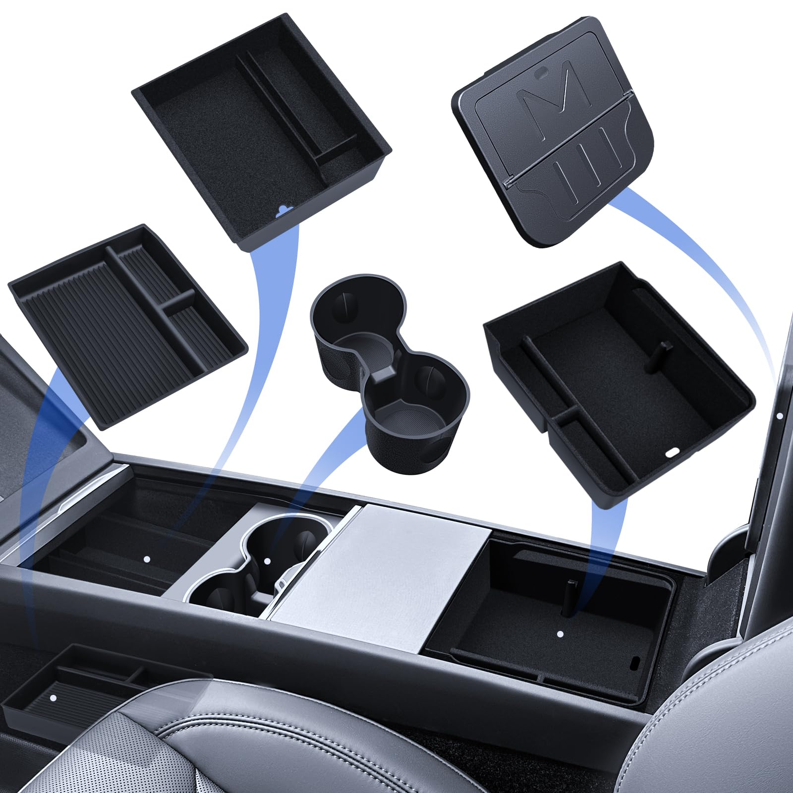 LANTU 5 Pcs Zubehör für Tesla Model 3 2024-2025 Mittelkonsole Organizer, Silikon Organizer Tray, Armlehne Aufbewahrungsbox, Versteckte Box und Getränkehalter von LANTU