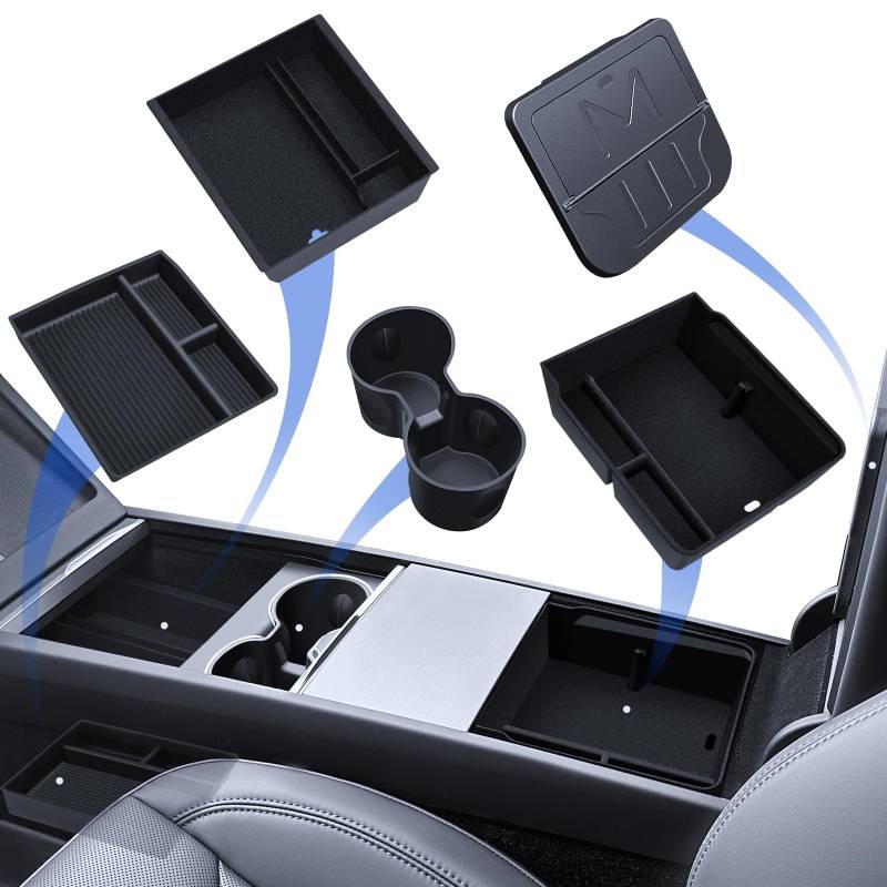 LANTU 5 Pcs Zubehör für Tesla Model 3 2024-2025 Mittelkonsole Organizer, Silikon Organizer Tray, Armlehne Aufbewahrungsbox, Versteckte Box und Getränkehalter von LANTU