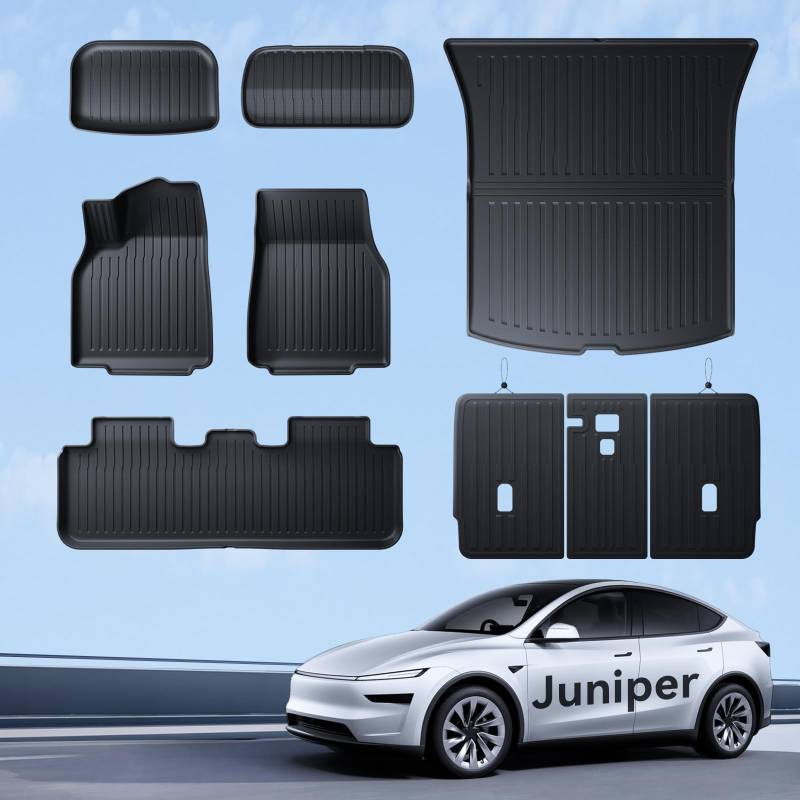 LANTU Fußmatten 9 Pcs für Tesla Model Y 2025 Juniper TPE Allwetter 3D Hoher Rand rutschfest Wasserdicht Kofferraummatte und Zweite Sitzreihe Rückenbezug für Model Y Juniper Zubehör von LANTU