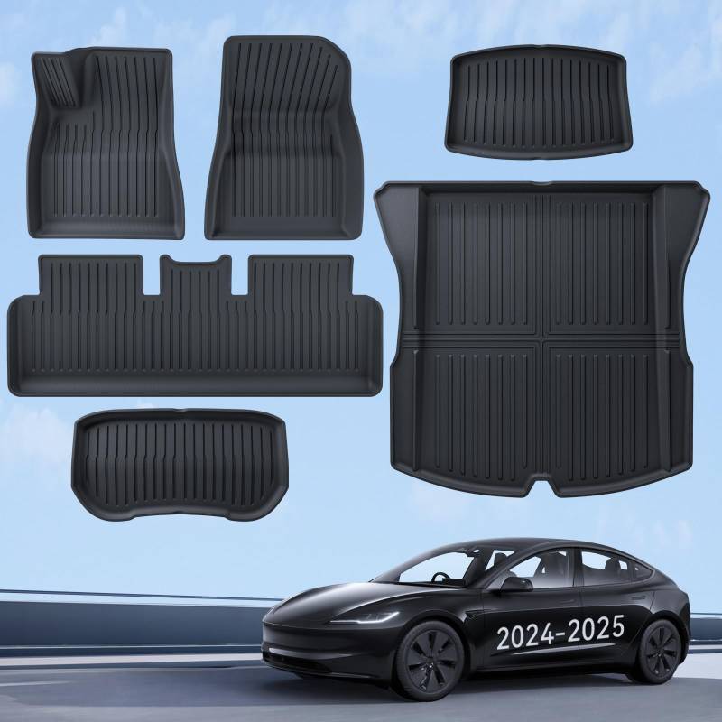 LANTU Fußmatten 6 Pcs für Tesla Model 3 2024-2025 Allwetter 3D Hoher Rand rutschfest Wasserdicht TPE Kofferraummatte 3-lagiges Design für Tesla Model 3 Highland Zubehör von LANTU