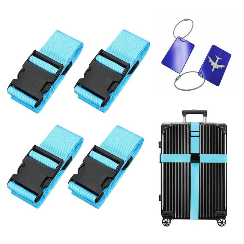 LATRAT 4 Stück Koffergurt, Einstellbare Kofferband, rutschfest, Reisezubehör zum Sicheren Verschließe, 2 Stück Gepäckanhänger mit Adressschild, Reiseetiketten (Blau) von LATRAT