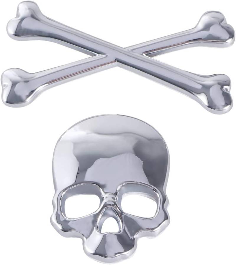 LATRAT Schädel Kreuzknochen Piraten Auto 3D Emblem Logo Chrom, Motorrad Crossbones Schädel Dämon Metall Logo Emblem Abzeichen für Auto LKW Silber, Chrom von LATRAT