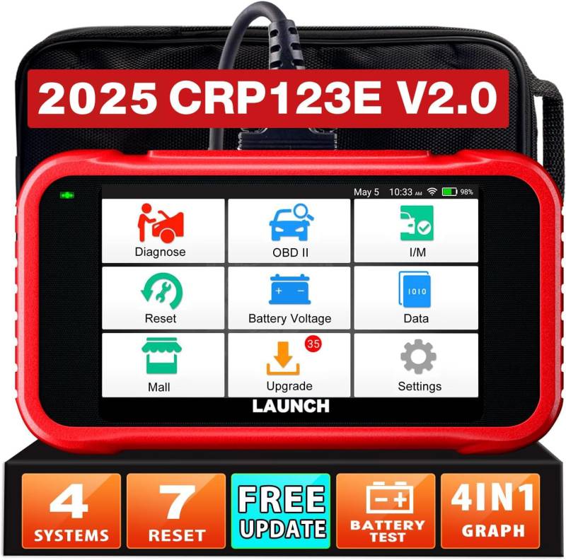 Launch CRP123E V2.0 OBD2 Diagnosegerät Auto Auslesegerät Kfz-Codeleser für Motor,ABS,SRS, Automatik Getriebe,7 Resets: ABS-Blutung/Öl/SAS/Throttle/DPF/EPB/Battery Reset,Lebenslange kostenlose Upgrade von LAUNCH