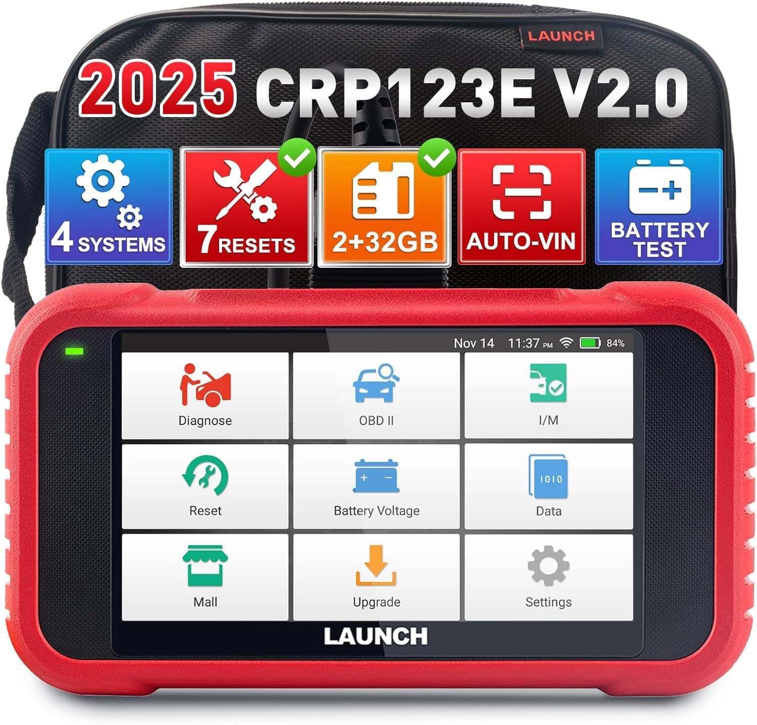 LAUNCH CRP123E V2.0 obd2 Diagnosegerät Auto Auslesegerät Kfz-Diagnose EOBD Tester,kfz Tester,4-Systemdiagnosen(Motor SRS at ABS) mit 7 Reset (Öl,SAS,EPB,DPF,BMS-Reset und Drosselklappeneinstellung) von LAUNCH