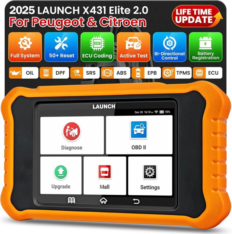 LAUNCH Creader Elite 2.0 OBD2 Diagnosegerät für Peugeot & für Citroen,die gleiche Funktion X431 diagnosegerät Auto,vollständige System,50+ Reset,aktiver Test,ECU-Codierung von LAUNCH