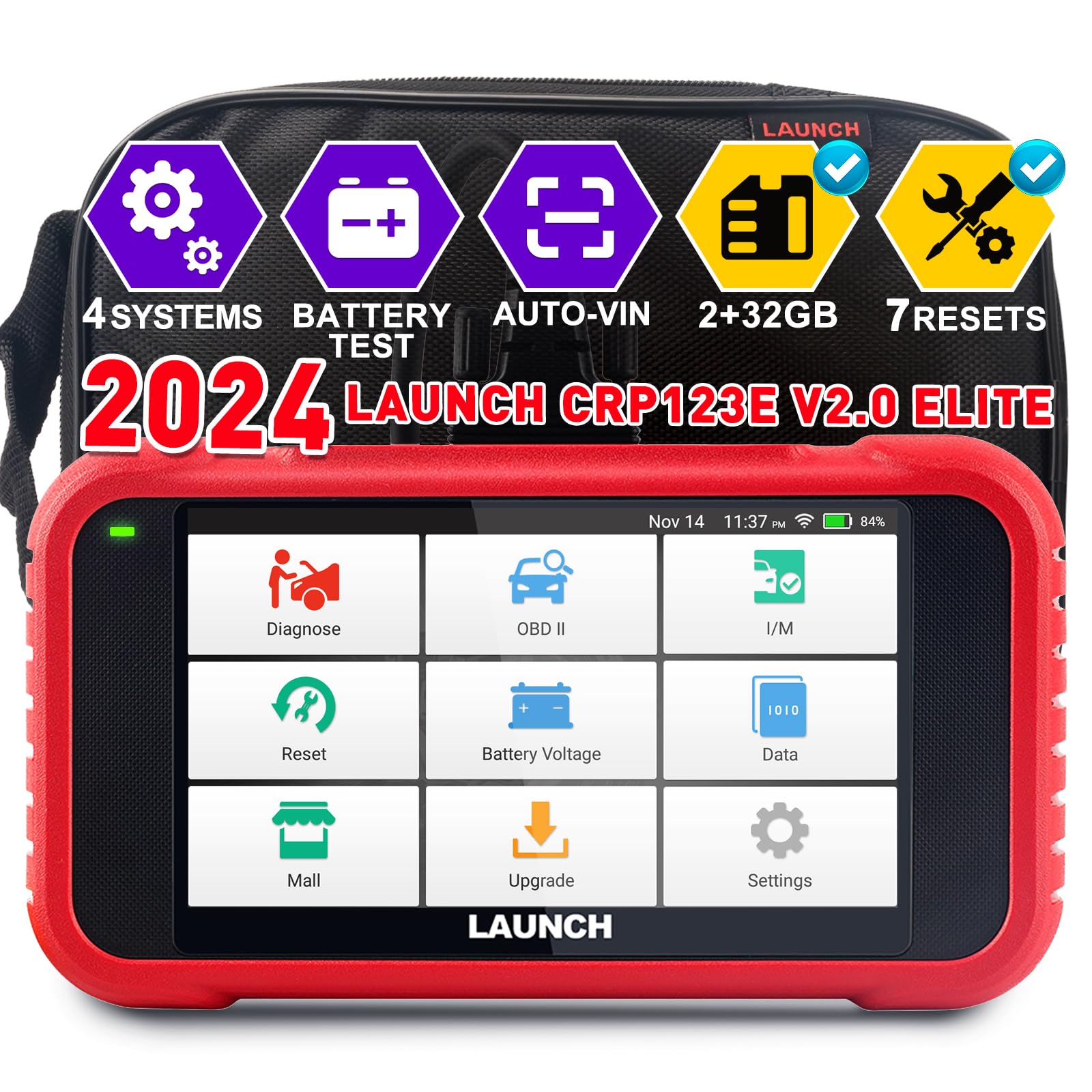 LAUNCH obd2 Diagnosegerät CRP123E Fehlercode-Scanner,professioneller Kfz-Codeleser 4-Systemdiagnosen(Motor SRS at ABS) mit 3 Reset (Zurücksetzen des Lenkwinkels,Drosselklappenanpassung,Öl-Reset) von LAUNCH