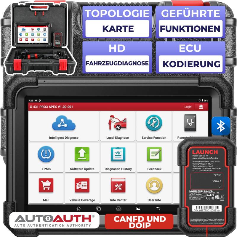 LAUNCH X431 PRO3 APEX OBD2 Diagnosegerät, Kfz-Scan-Tool für Mechaniker Online-Codierung, Topologiekarte, CAN FD & DoIP, 50+ Dienste, All-System-Diagnose, Leitfaden-Funktionen, FCA und Renault SGW von LAUNCH