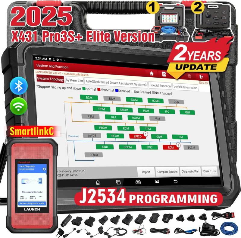 LAUNCH X431 PRO3S+ Elite SmartlinkC OBD2 Diagnosegerät Auto,OE-Level Alle System Scanner mit ECU Codierung,Topologie-Karte, Bidirektionaler Steuerung,60+ Reset,J2534,CANFD,DOIP,FCA SGW,2 Jahre Update von LAUNCH