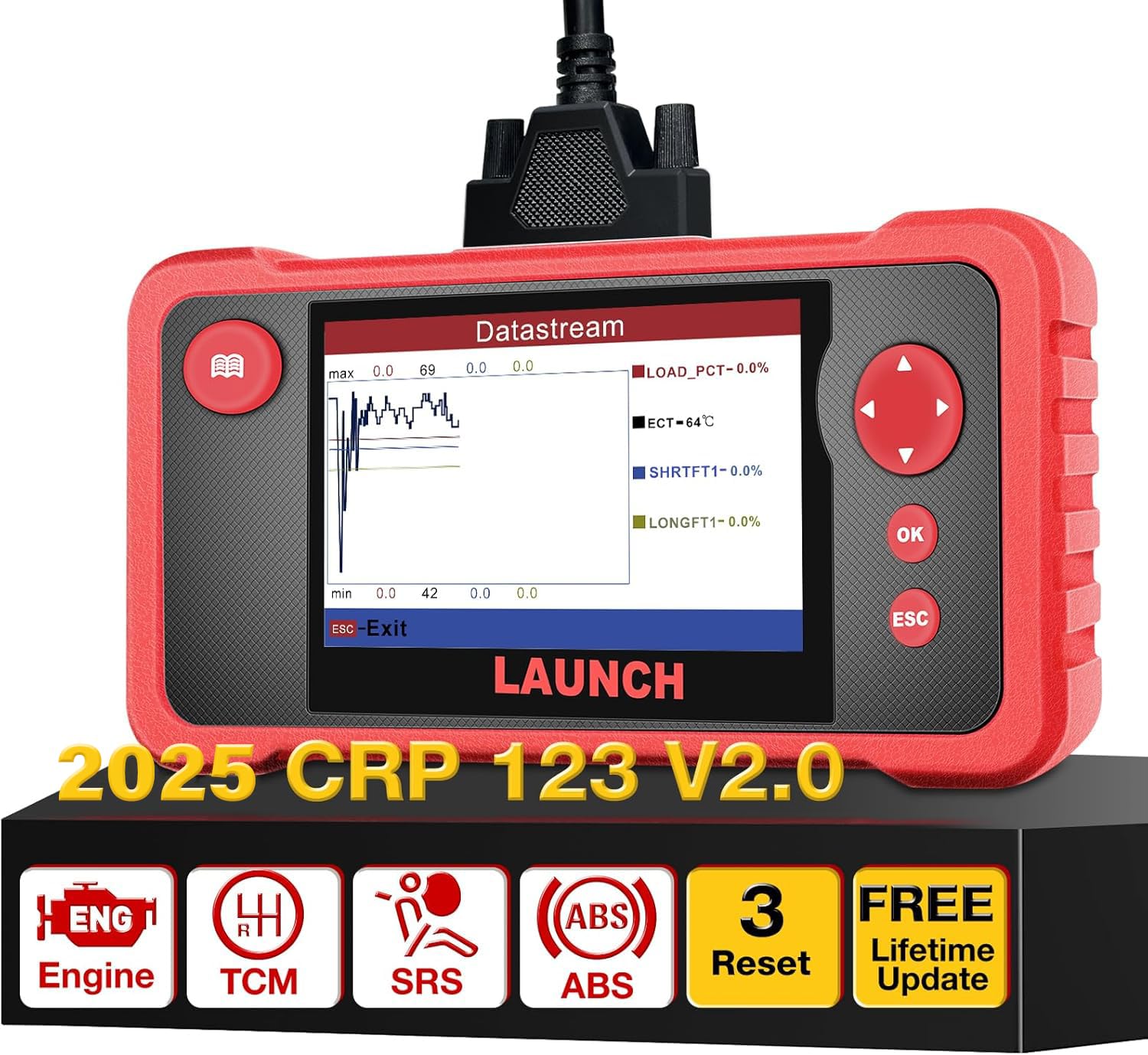 LAUNCH obd2 Diagnosegerät CRP123 V2.0 Fehlercode-Scanner,professioneller Kfz-Codeleser 4-Systemdiagnosen(Motor SRS at ABS) mit 3 Reset (Zurücksetzen des Lenkwinkels,Drosselklappenanpassung,Öl-Reset) von LAUNCH