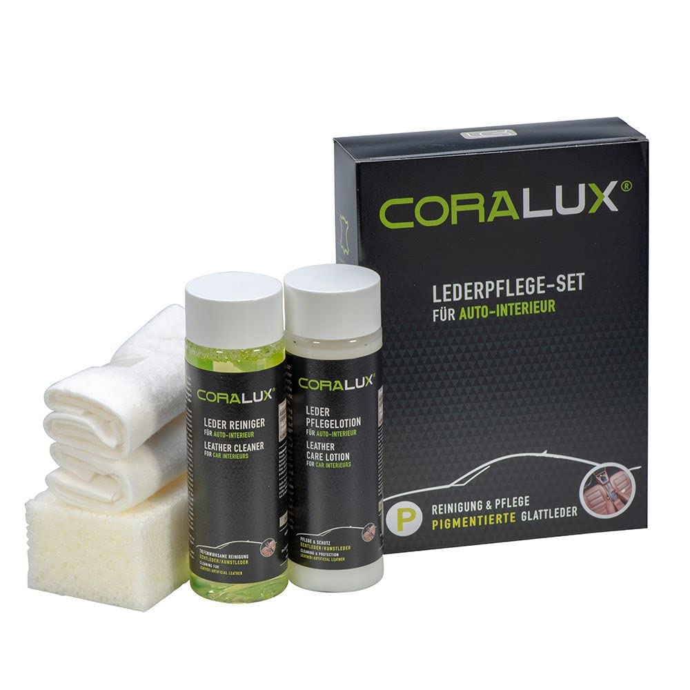 CORALUX 4-teiliges Lederpflege-Set für Autoleder, je 200 ml Reiniger und Pflegelotion, Schwamm, Tuch. LCK KERALUX von CORALUX