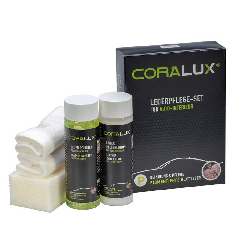 CORALUX 4-teiliges Lederpflege-Set für Autoleder, je 200 ml Reiniger und Pflegelotion, Schwamm, Tuch. LCK KERALUX von CORALUX