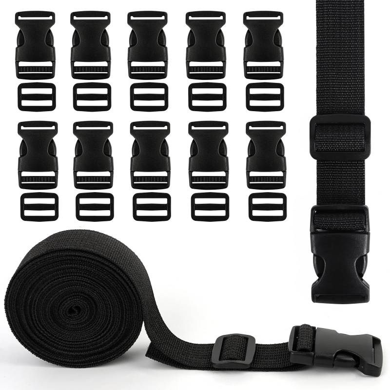 LDERFIV 5M Gurtband 25mm Schwarz Nylon, Strapazierfähiges Gurtband Mit Side Release Schnallen Clips 10 Stück, Polypropylen Gurte für Tasche und Gepäck Befestigung von LDERFIV