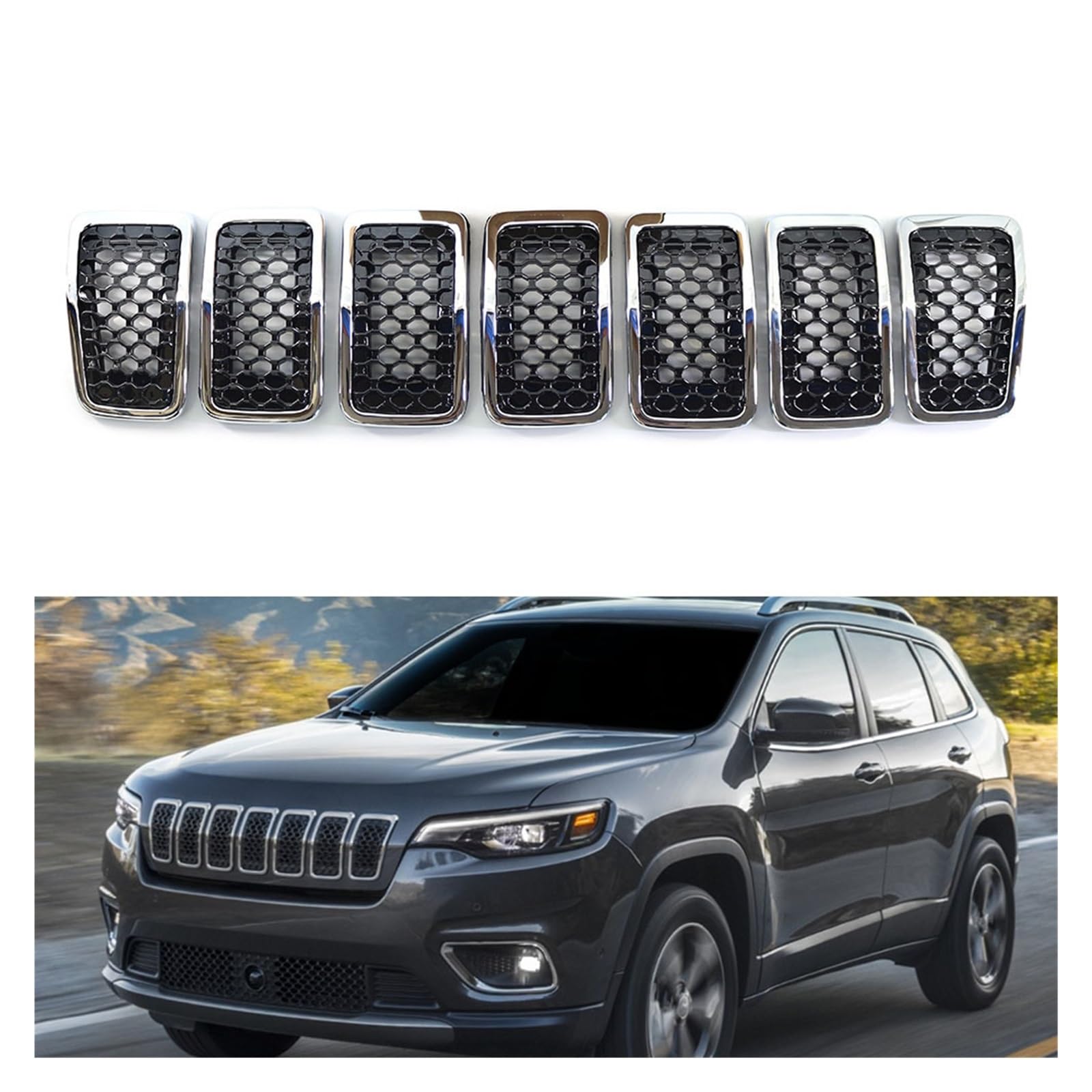 LDFREBCX 7-teiliges Nierengitter for die vordere Stoßstange, kompatibel mit Jeep Cherokee 2017–2022, glänzend schwarz/Chrom, Auto-Kühlergrillabdeckung(Chrome Black) von LDFREBCX