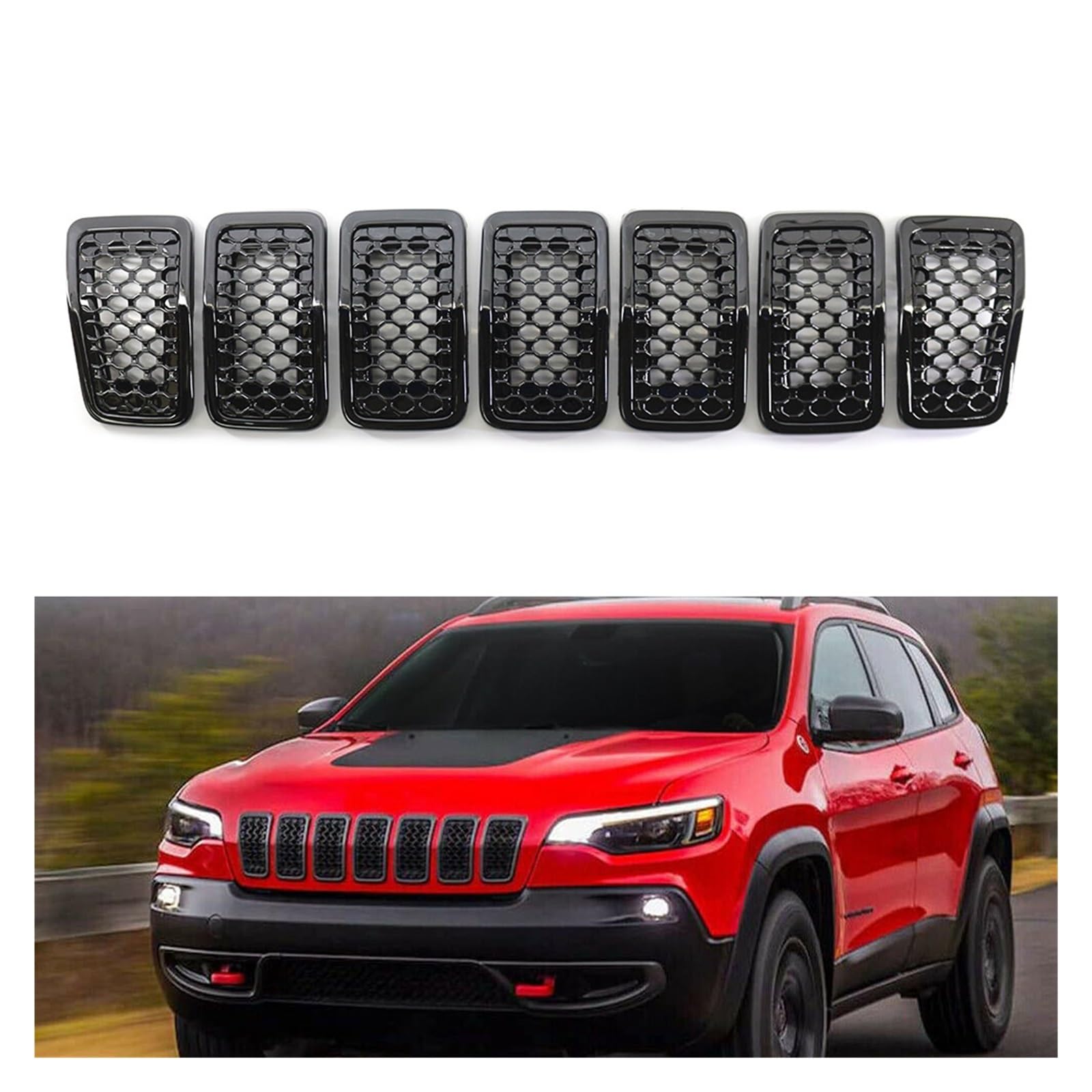 LDFREBCX 7-teiliges Nierengitter for die vordere Stoßstange, kompatibel mit Jeep Cherokee 2017–2022, glänzend schwarz/Chrom, Auto-Kühlergrillabdeckung(Glossy Black) von LDFREBCX