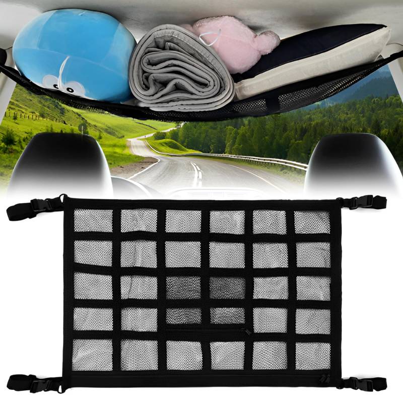 LDXDRU Gepäcknetz Auto für Aufbewahrung, 90X65CM Universal Autodach Gepäcknetz Decke, Gepäcknetz Wohnmobil, Netztasche Auto, Aufbewahrungsnetz mit Verstellbare Kreuzgurte für Auto Camping Zubehör von LDXDRU