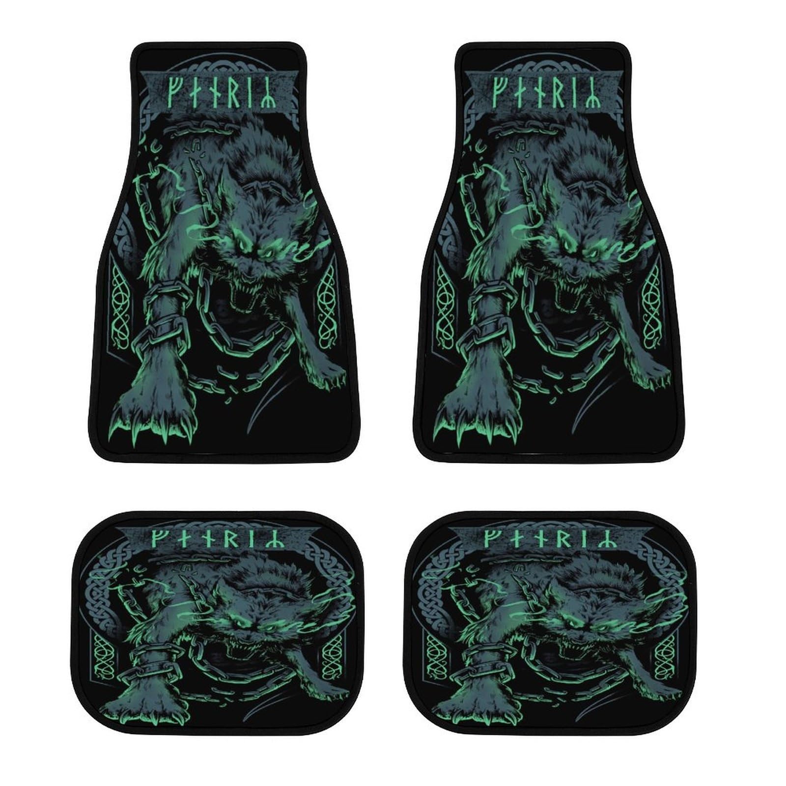 4-teilige Auto Fußmatten im Viking Stil, Nordische Mythologie Symbole, rutschfest, Polyester Oberfläche, Schutz vor Schlamm Schnee Schmutz, passend für viele Fahrzeuge(Fenrir) von LDZDGD