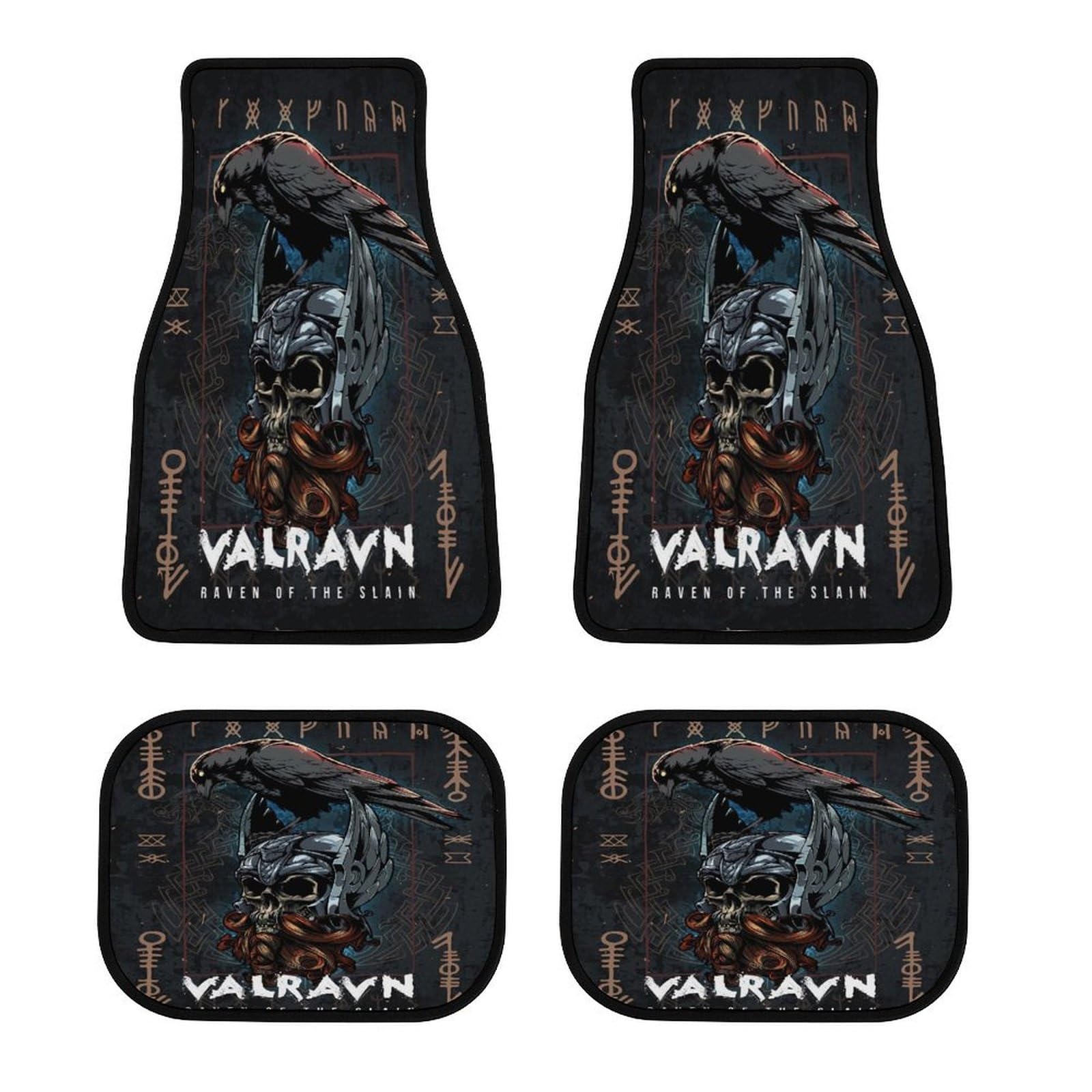 4-teilige Auto Fußmatten im Viking Stil, Nordische Mythologie Symbole, rutschfest, Polyester Oberfläche, Schutz vor Schlamm Schnee Schmutz, passend für viele Fahrzeuge(Raven) von LDZDGD