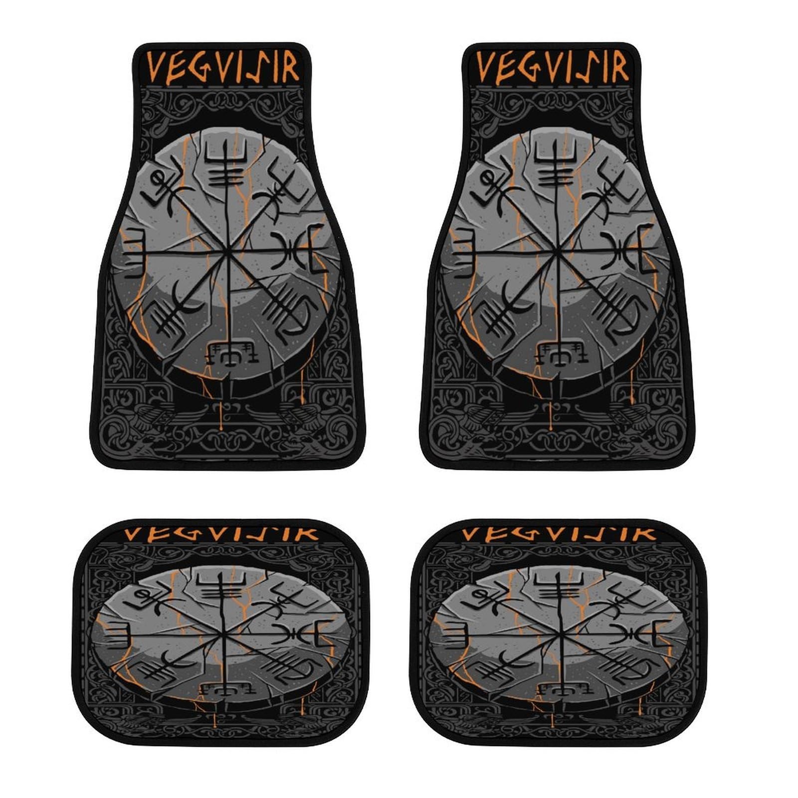 4-teilige Auto Fußmatten im Viking Stil, Nordische Mythologie Symbole, rutschfest, Polyester Oberfläche, Schutz vor Schlamm Schnee Schmutz, passend für viele Fahrzeuge(Vegvisir 1) von LDZDGD