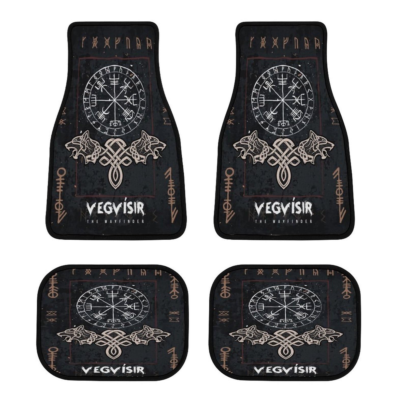 4-teilige Auto Fußmatten im Viking Stil, Nordische Mythologie Symbole, rutschfest, Polyester Oberfläche, Schutz vor Schlamm Schnee Schmutz, passend für viele Fahrzeuge(Vegvisir 2) von LDZDGD