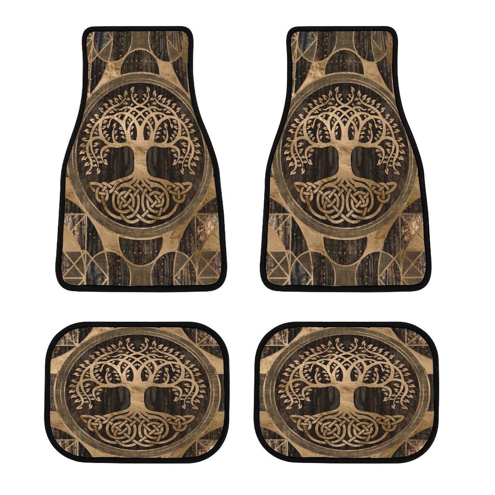 4-teilige Auto Fußmatten im Viking Stil, Nordische Mythologie Symbole, rutschfest, Polyester Oberfläche, Schutz vor Schlamm Schnee Schmutz, passend für viele Fahrzeuge(Yggdrasil) von LDZDGD
