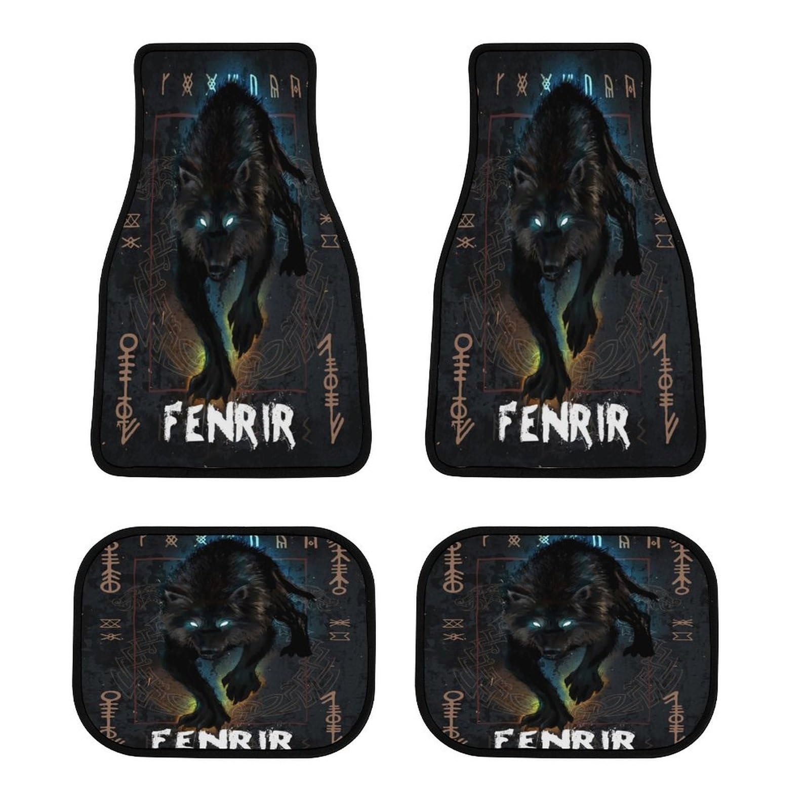 Viking Auto Fußmatten Set, Nordische Symbole und Rabenmotiv, Vollständiger Schutz für Vorder- und Rücksitze, rutschfeste Rückseite, Passend für die Meisten Autos und SUVs(Fenrir 1) von LDZDGD