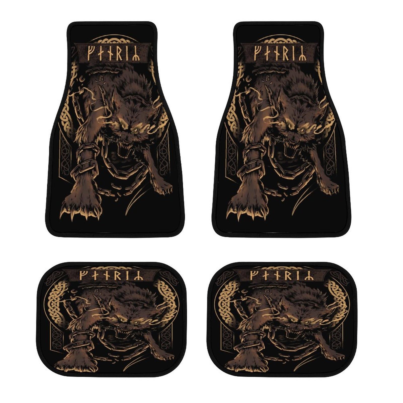 Viking Auto Fußmatten Set, Nordische Symbole und Rabenmotiv, Vollständiger Schutz für Vorder- und Rücksitze, rutschfeste Rückseite, Passend für die Meisten Autos und SUVs(Fenrir 2) von LDZDGD