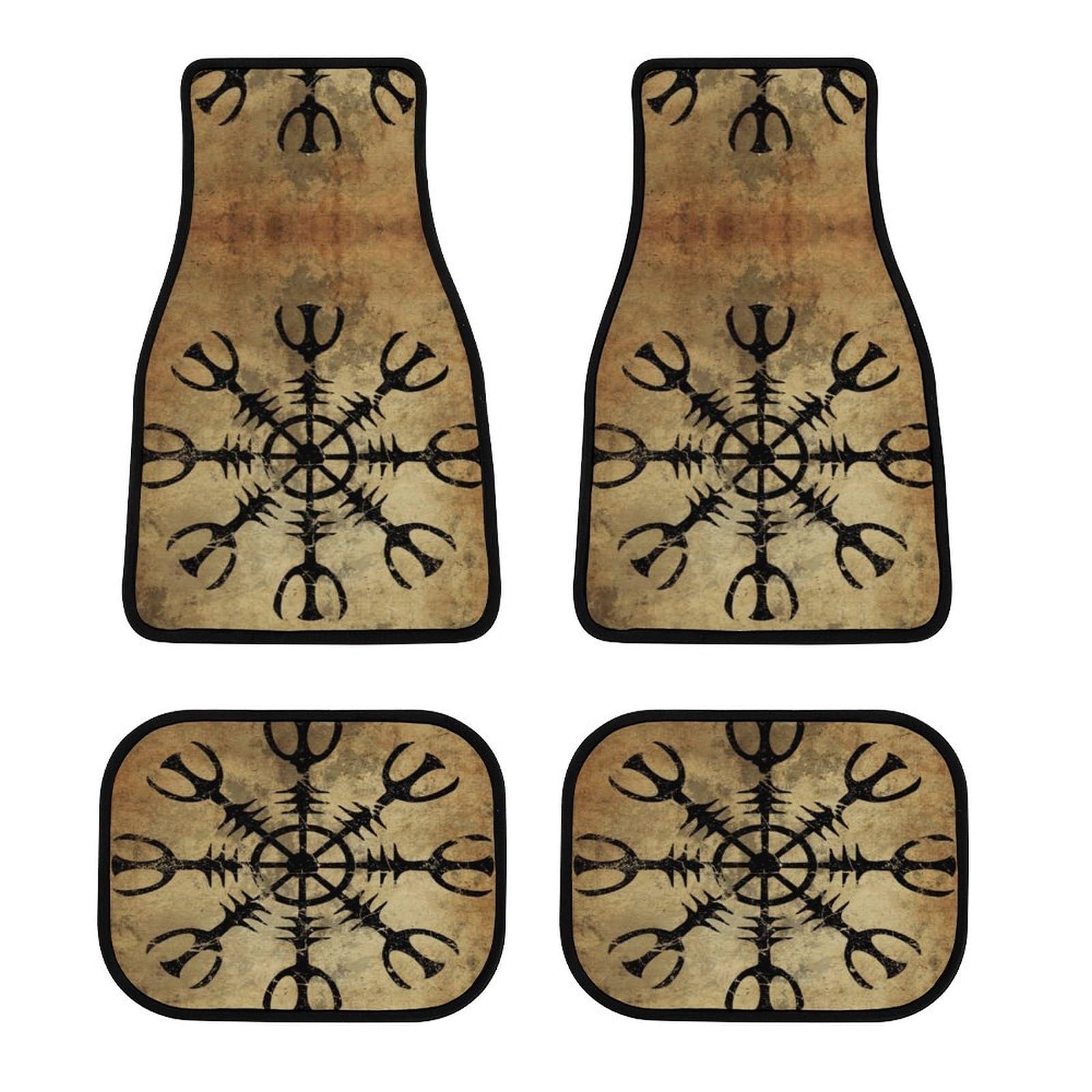 Viking Auto Fußmatten Set, Nordische Symbole und Rabenmotiv, Vollständiger Schutz für Vorder- und Rücksitze, rutschfeste Rückseite, Passend für die Meisten Autos und SUVs(Helm of Awe) von LDZDGD