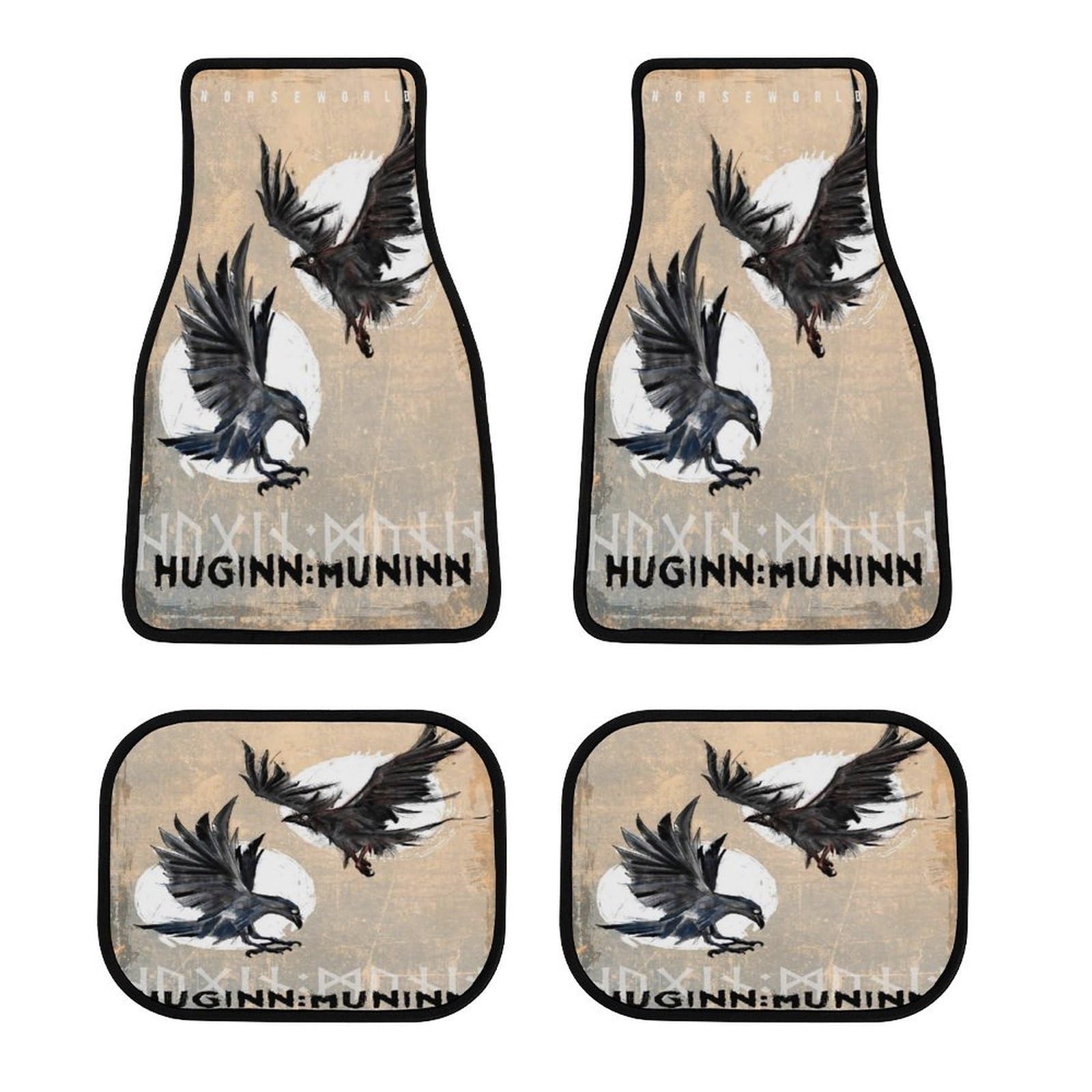 Viking Auto Fußmatten Set, Nordische Symbole und Rabenmotiv, Vollständiger Schutz für Vorder- und Rücksitze, rutschfeste Rückseite, Passend für die Meisten Autos und SUVs(Huginn+Muninn) von LDZDGD