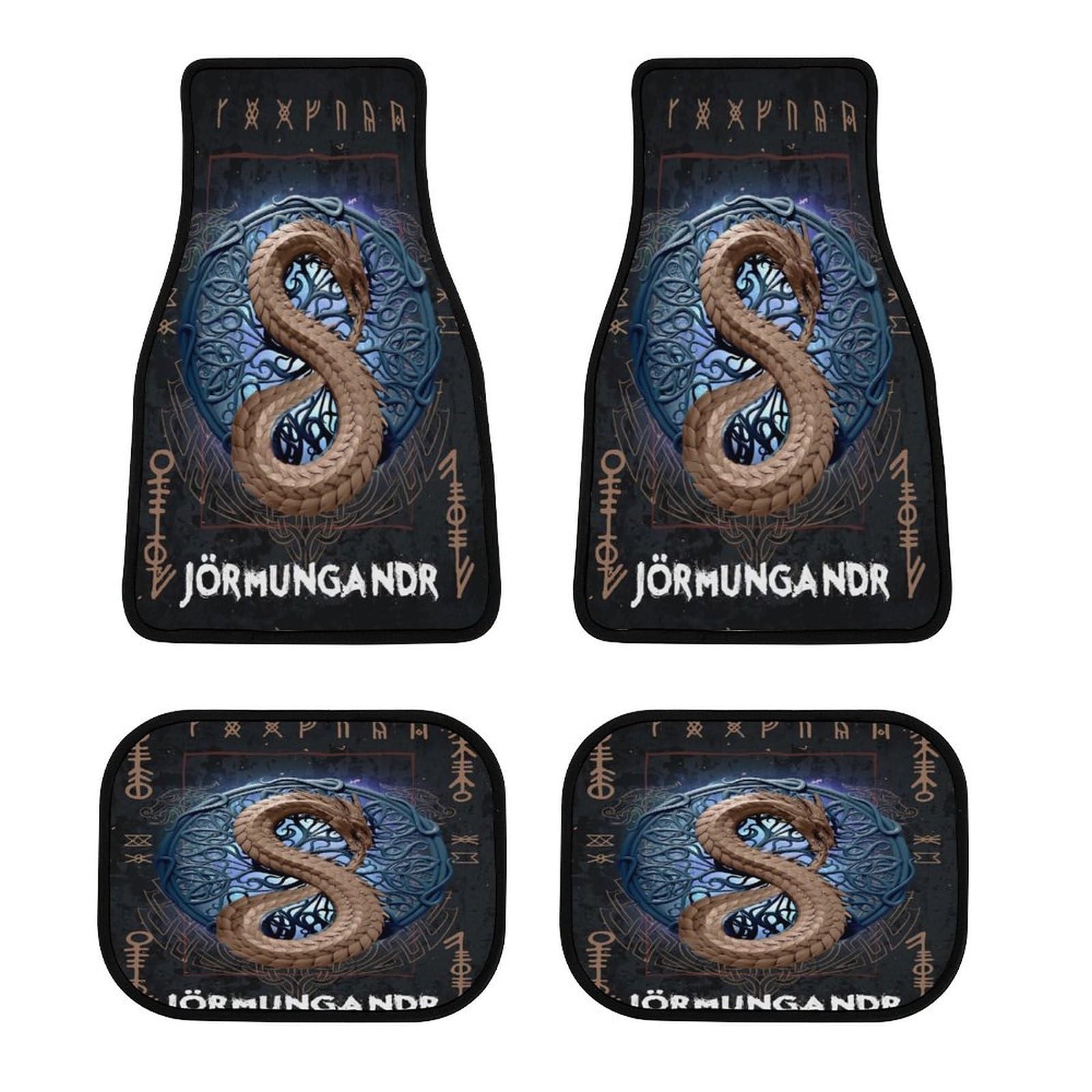 Viking Auto Fußmatten Set, Nordische Symbole und Rabenmotiv, Vollständiger Schutz für Vorder- und Rücksitze, rutschfeste Rückseite, Passend für die Meisten Autos und SUVs(Jörmungandr) von LDZDGD