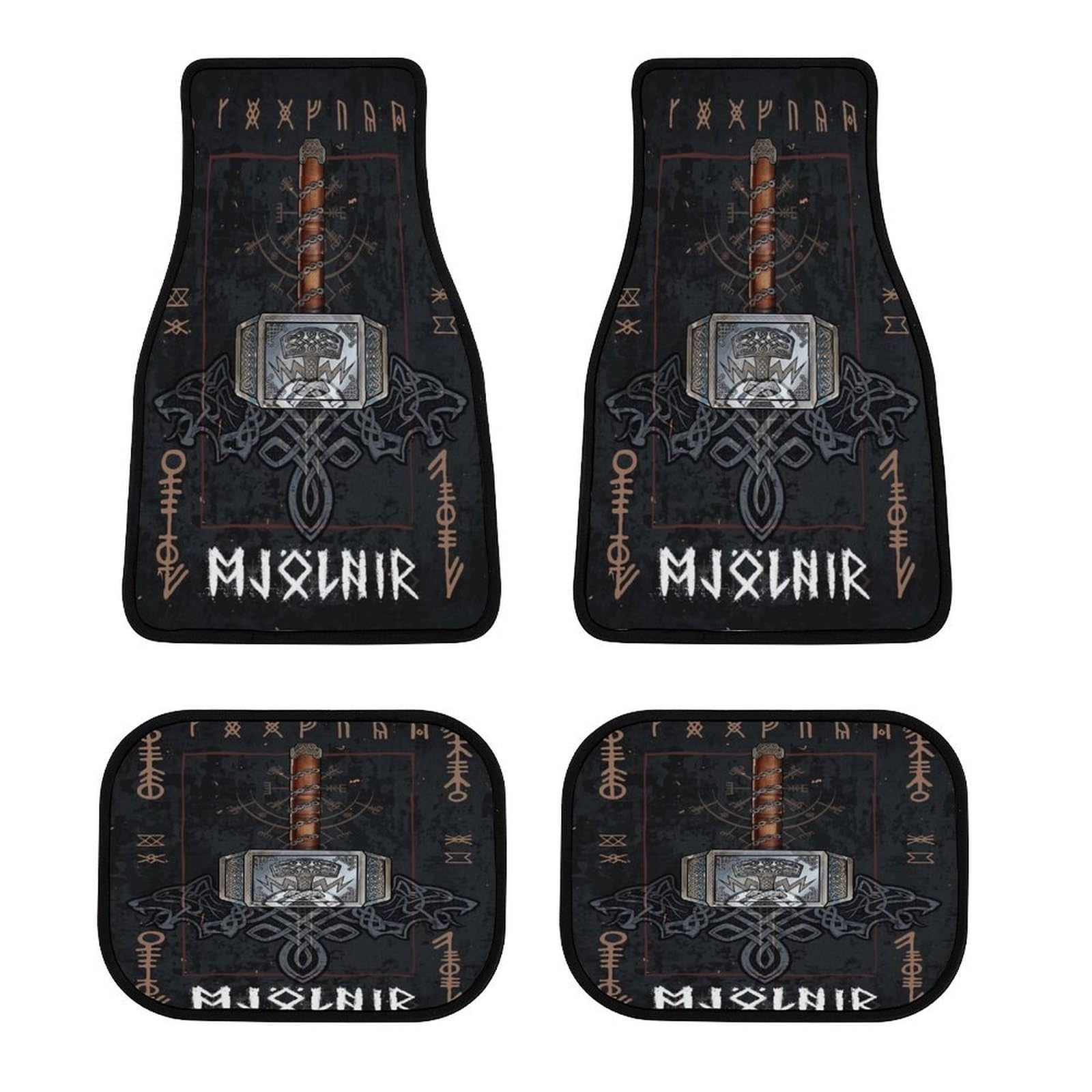Viking Auto Fußmatten Set, Nordische Symbole und Rabenmotiv, Vollständiger Schutz für Vorder- und Rücksitze, rutschfeste Rückseite, Passend für die Meisten Autos und SUVs(Mjölnir) von LDZDGD